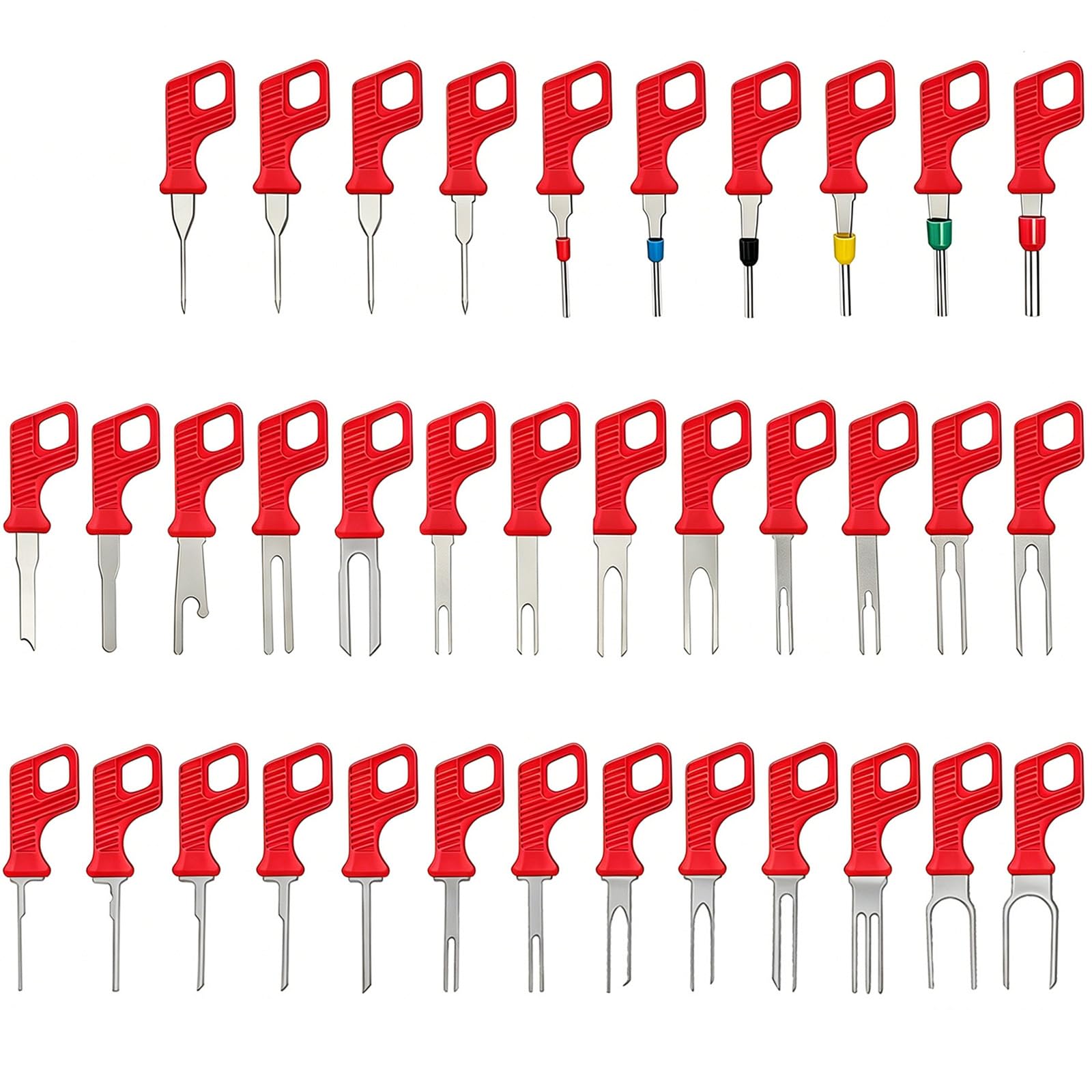 Kfwfuaee 36 Piece Set Terminal Extractor Tool Set For Automotive Wiring Repair With Mixed Pin Removal Tips And Red Grip Handle Design Depinning Pin Release Extractor Sleeve Fork Pick Connector Harness Repin Wiring