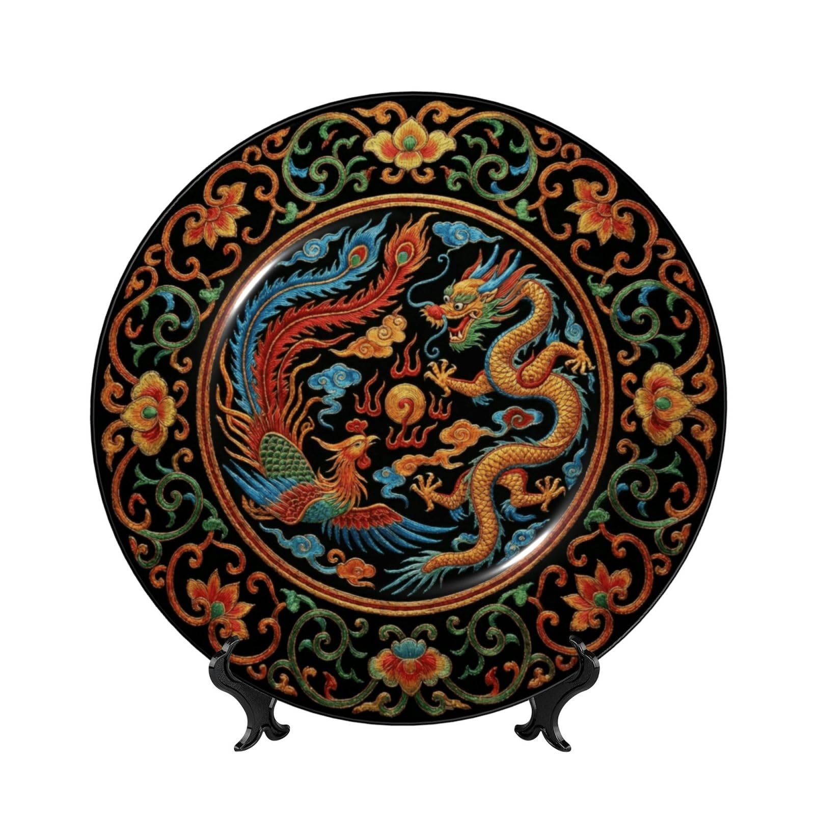 SXZVVBN Soaring Dragons and Phoenixes Bone China Decorative Plate Art with Stand Removable Adhesive Hanging for Home Office 7in