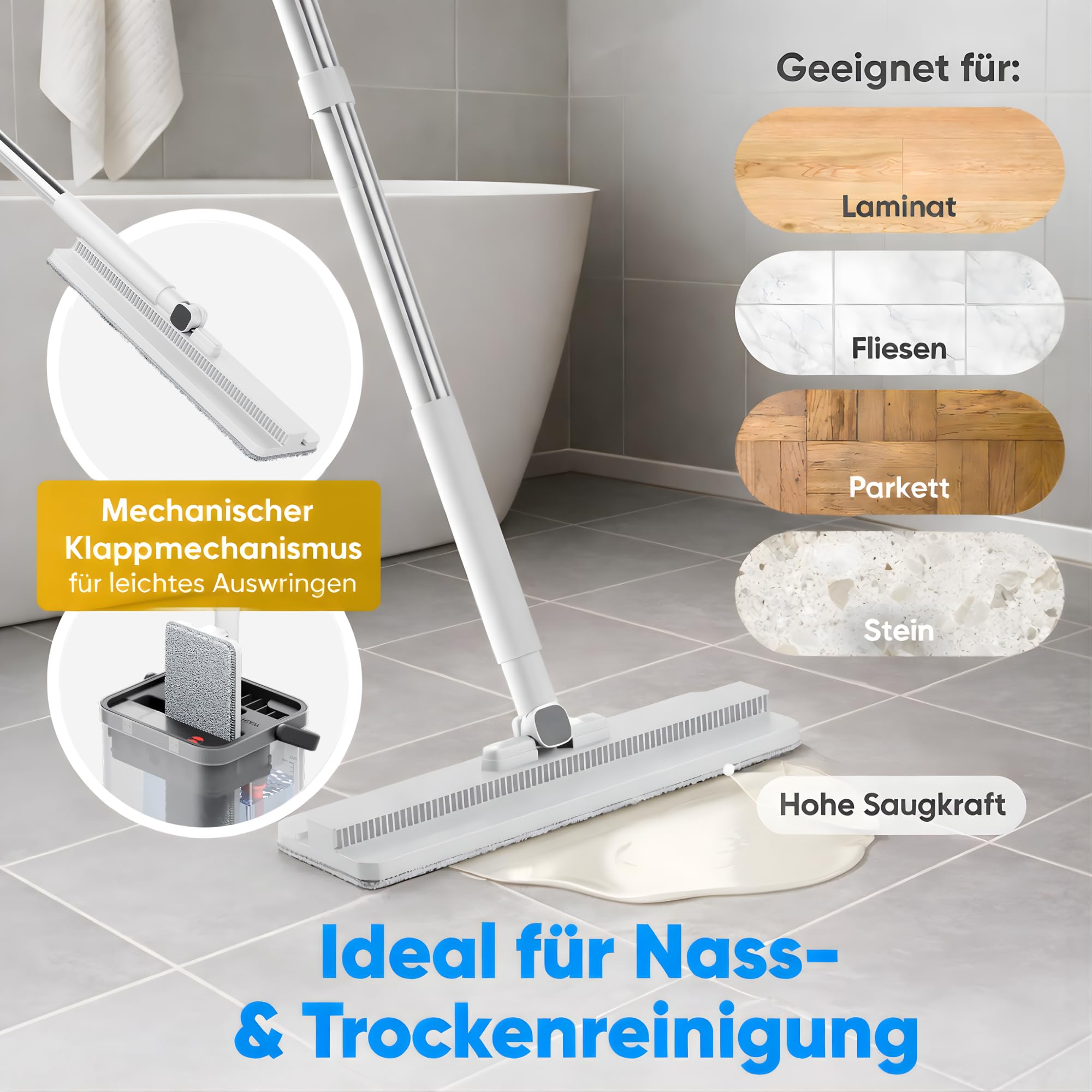 Wischmopp Set mit Eimer – Bodenwischer / Nasswischer mit 2-Kammer-System – Wischmopp & Mop Set mit Pumpfunktion – hygienischer Wischeimer – 2,5L – Putzset