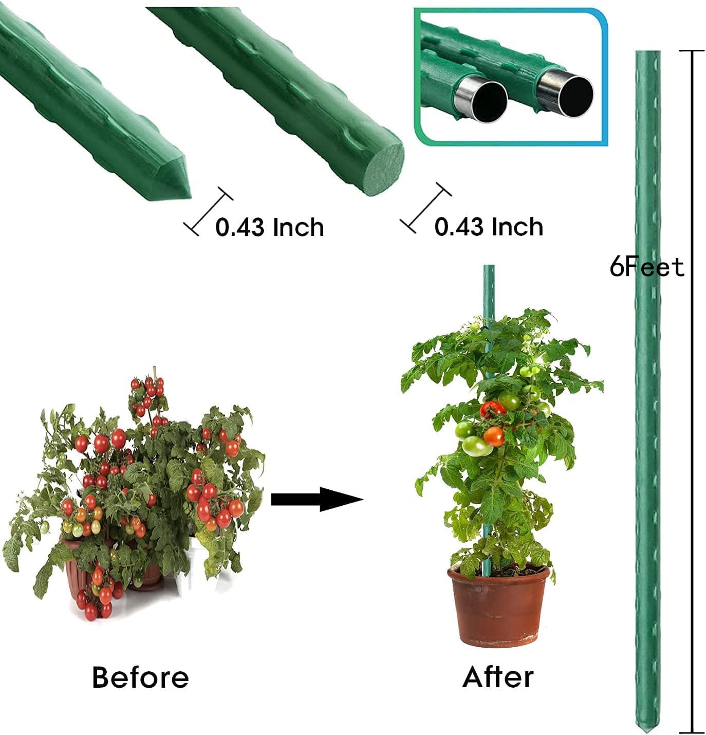 6Ft 72inch Garden Stakes Sturdy Plant Sticks Support Tomato Stakes for Vegetable,Pack of 20