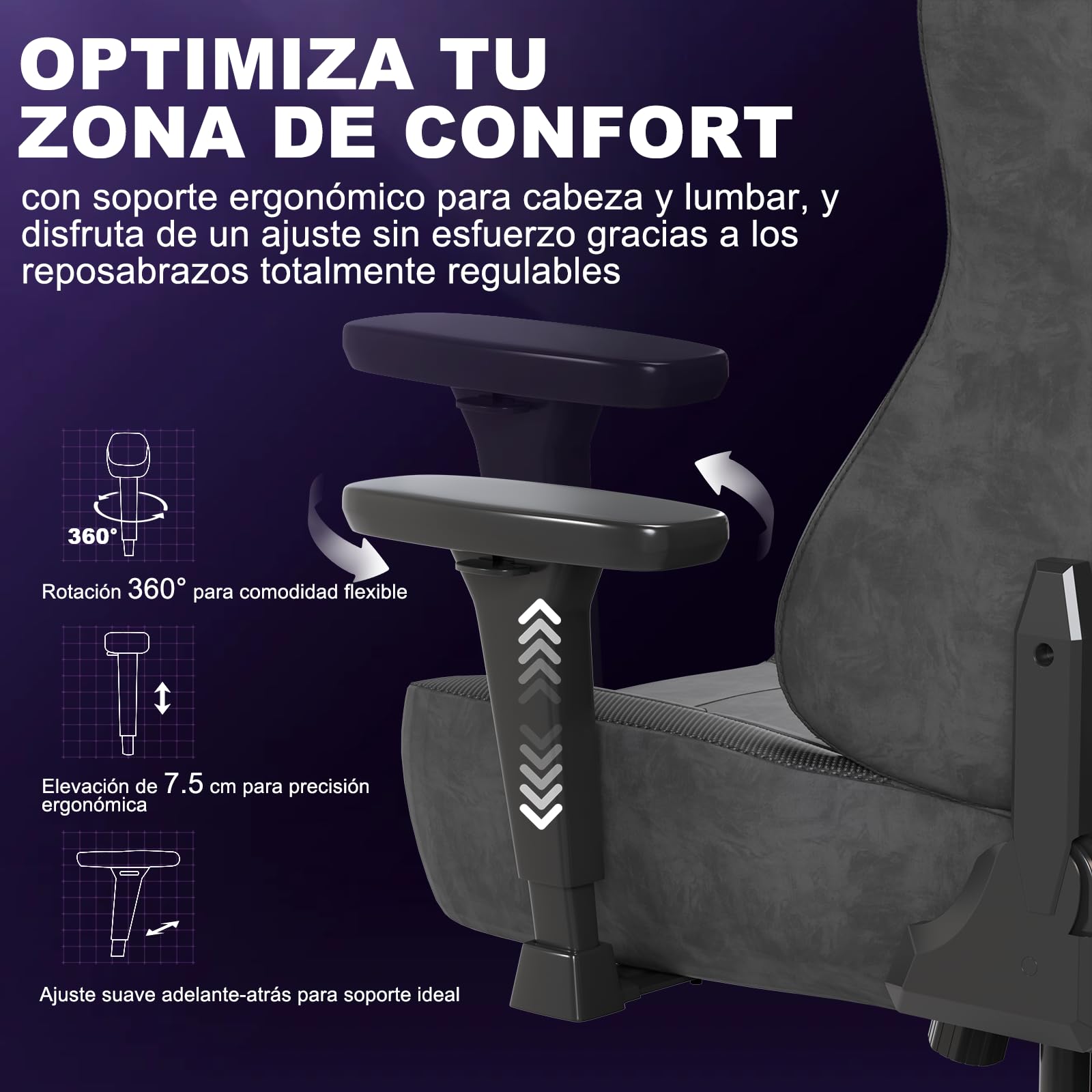 Devoko Silla Gamer Ergonómica para Oficina y Ordenador, Gamuza Suave, Reposabrazos 3D, Espuma Moldeada, Cojín Lumbar Ajustable, Base Metálica Fuerte, 180 kg, Gris Carbón