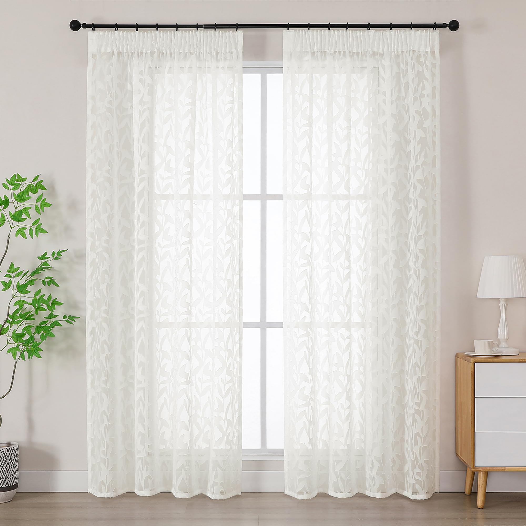 Simplebrand Natural Textured Sheer Curtains 2 Panels W140 x L200cm, Leaf Clip Jacquard Voile Curtains, Pencil Pleat Semi-Sheer Window Drapes for Living Room Patio Doors Home Decor
