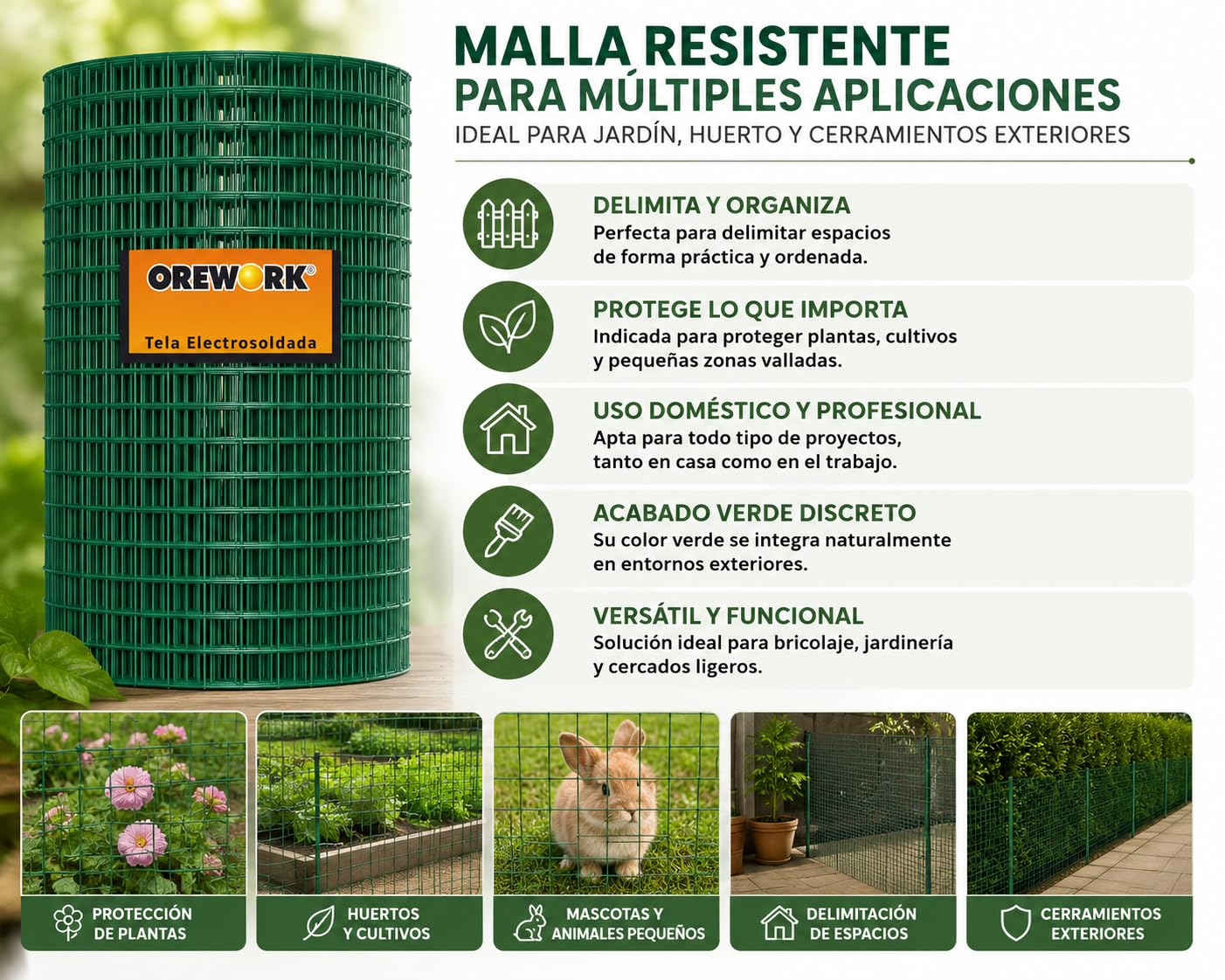 OREWORK Malla Soldada Plastificada Verde, Tela Electrosoldada para Jardín y Cerramientos - 13x13 mm - Ø 1 mm - 1x5 m