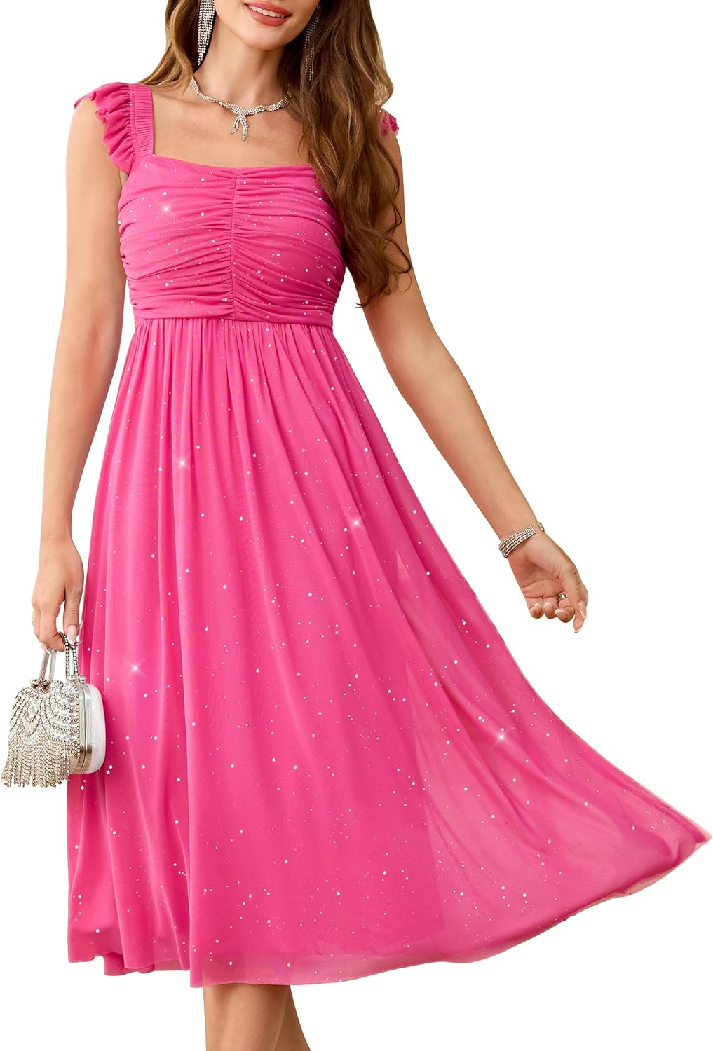 Wedtrend Sparkly Sequin Dress Ruffle Strap 80s Prom Dress Long Formal Dresses for Women