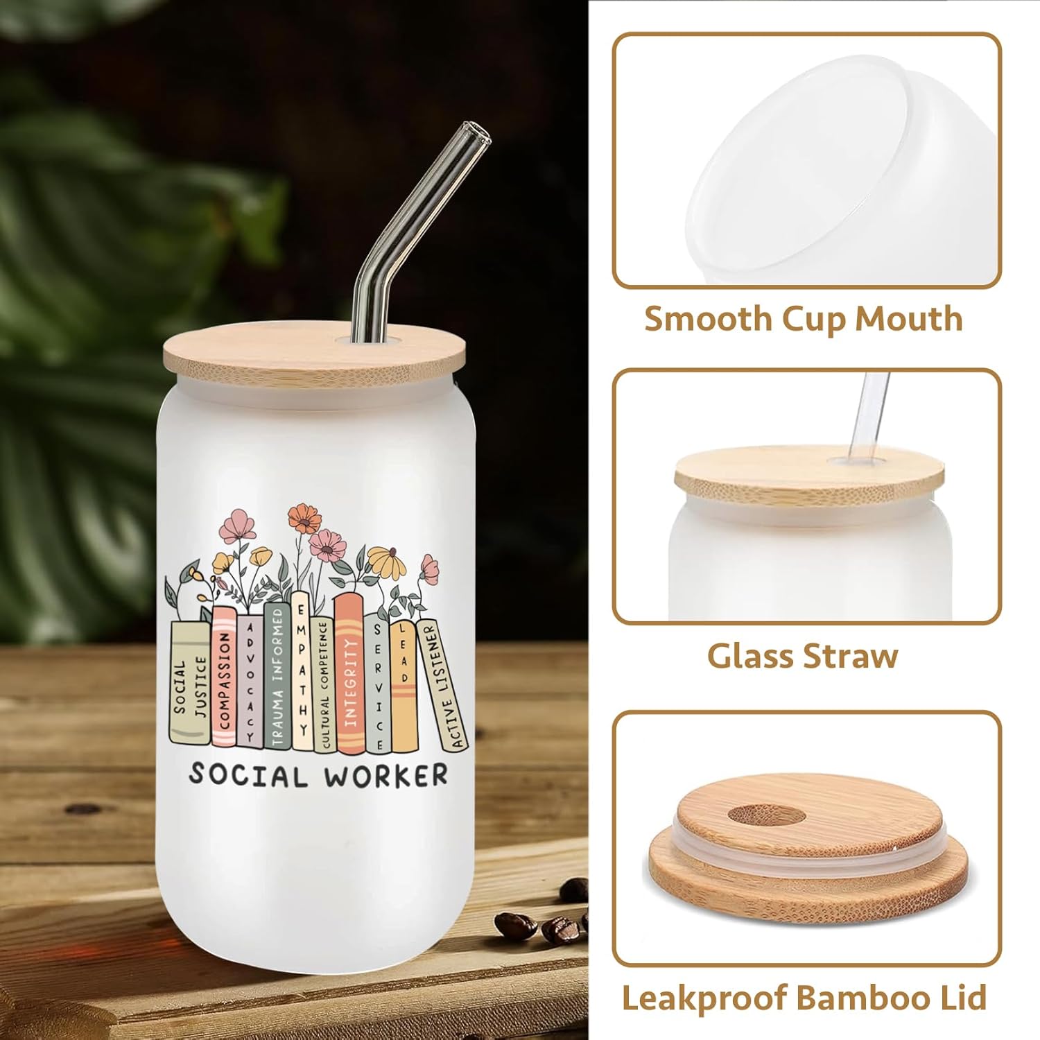Social Worker Gifts for Women - Aesthetic Glass Cup with Lid and Straw, Social Work Month Appreciation Gifts Graduation Office Decor, Cute Iced Coffee Cup for Women, 16 oz - Image 3