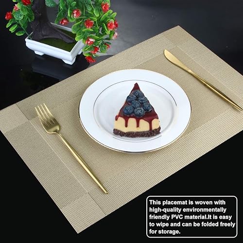 Miniatura 6 de DACHUI Juego de 4 manteles individuales, elegantes manteles individuales tejidos para mesa de comedor, lavables y duraderos de PVC (dorado)