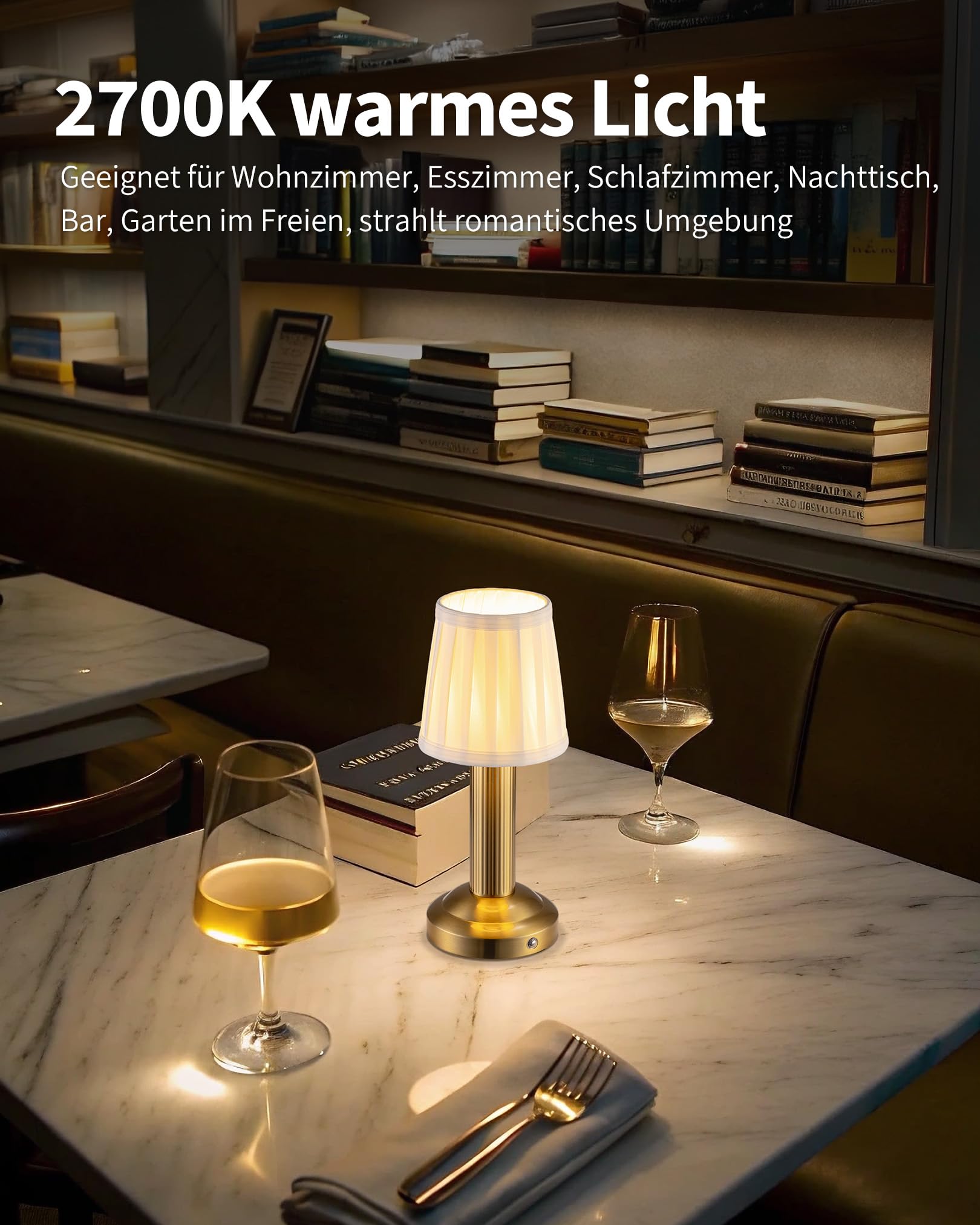 2 Stück LED Kabellose Kleine Tischlampe, Akku Nachttischlampe mit 4000mAh Batterie,Dimmbar Vintage Lampe mit Stoff Schirm,Touch Lampe für Schlafzimmer, Bar, Restaurant (Gold).