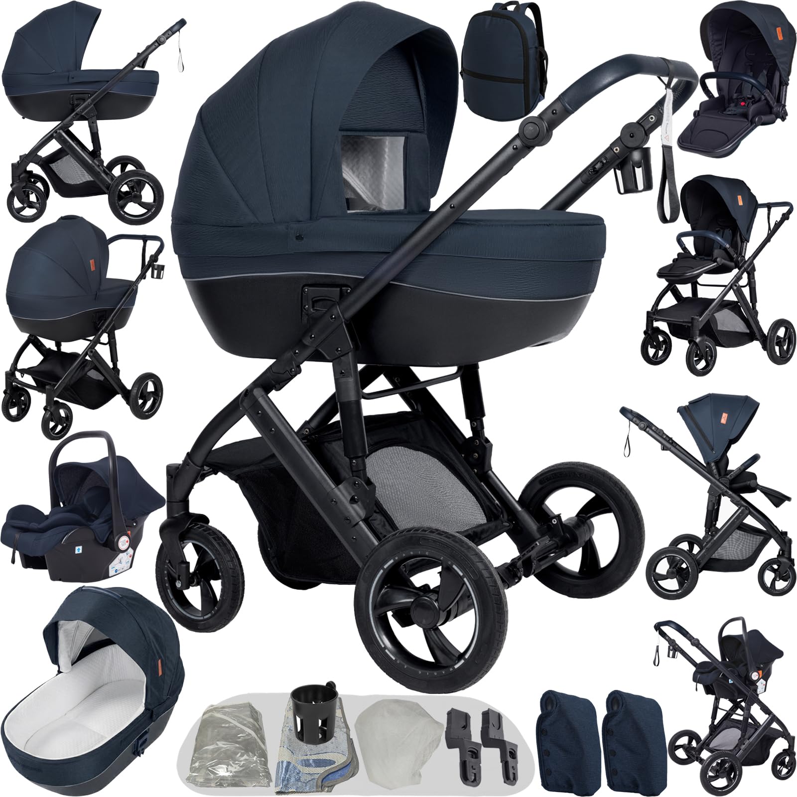 Reenborn Kinderwagen 4 in 1, Buggy mit Zwei Umkehrbaren Schiebemodi, Kinderwagen mit Rahmen Aluminiumlegierung, Kombikinderwagen 4 in 1 Komplettset mit Ein-Klick-Faltdesign (H2 Blue)