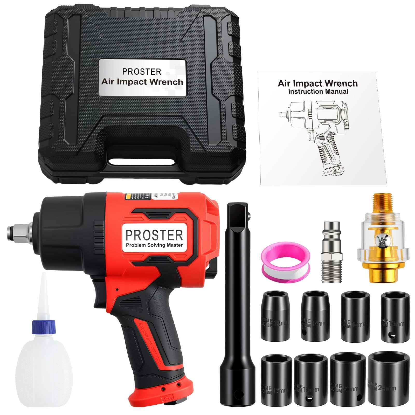 Proster Clé à Chocs Pneumatique 1/2 Pouce, 2170 Nm Couple Élevé, Double Marteau 8500 tr/min, Outil à Air Comprimé pour Réparation Automobile Garage Mécanicien avec 8 Douilles CR-V, Rallonge et Coffret