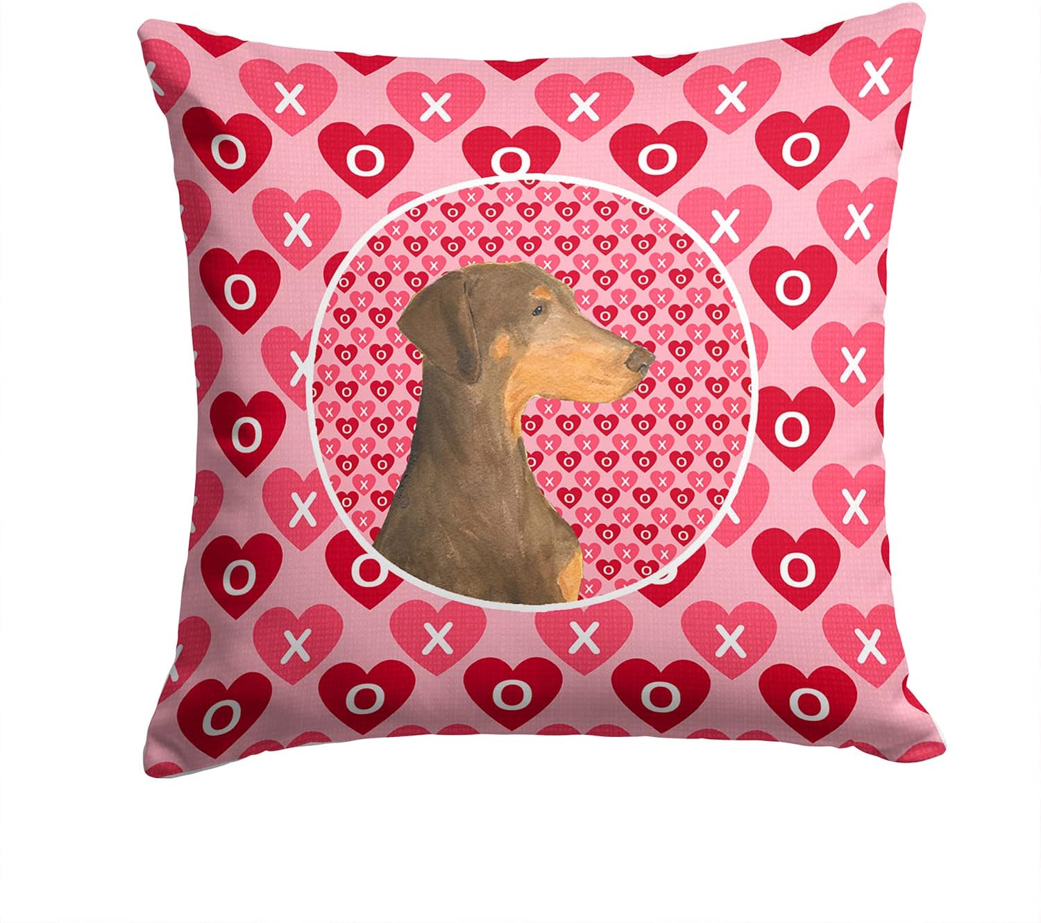Caroline's Treasures SS4479PW1414 Doberman Hearts Love and Valentine's Day Portrait Fabric Decorative Pillow Machine Washable, Indoor Outdoor Decorative Pillow for Couch, Bed or Patio, 14Hx14W