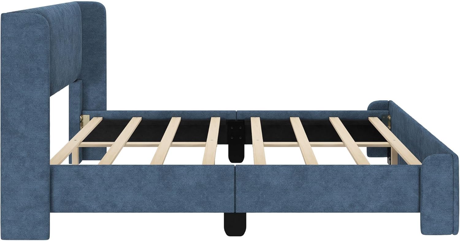 Max & Lily Upholstered Full Bed Frame with Rectangular Headboard, Upholstered Platform Bed for Kids, No Box Spring Needed, Easy Assembly, Blue