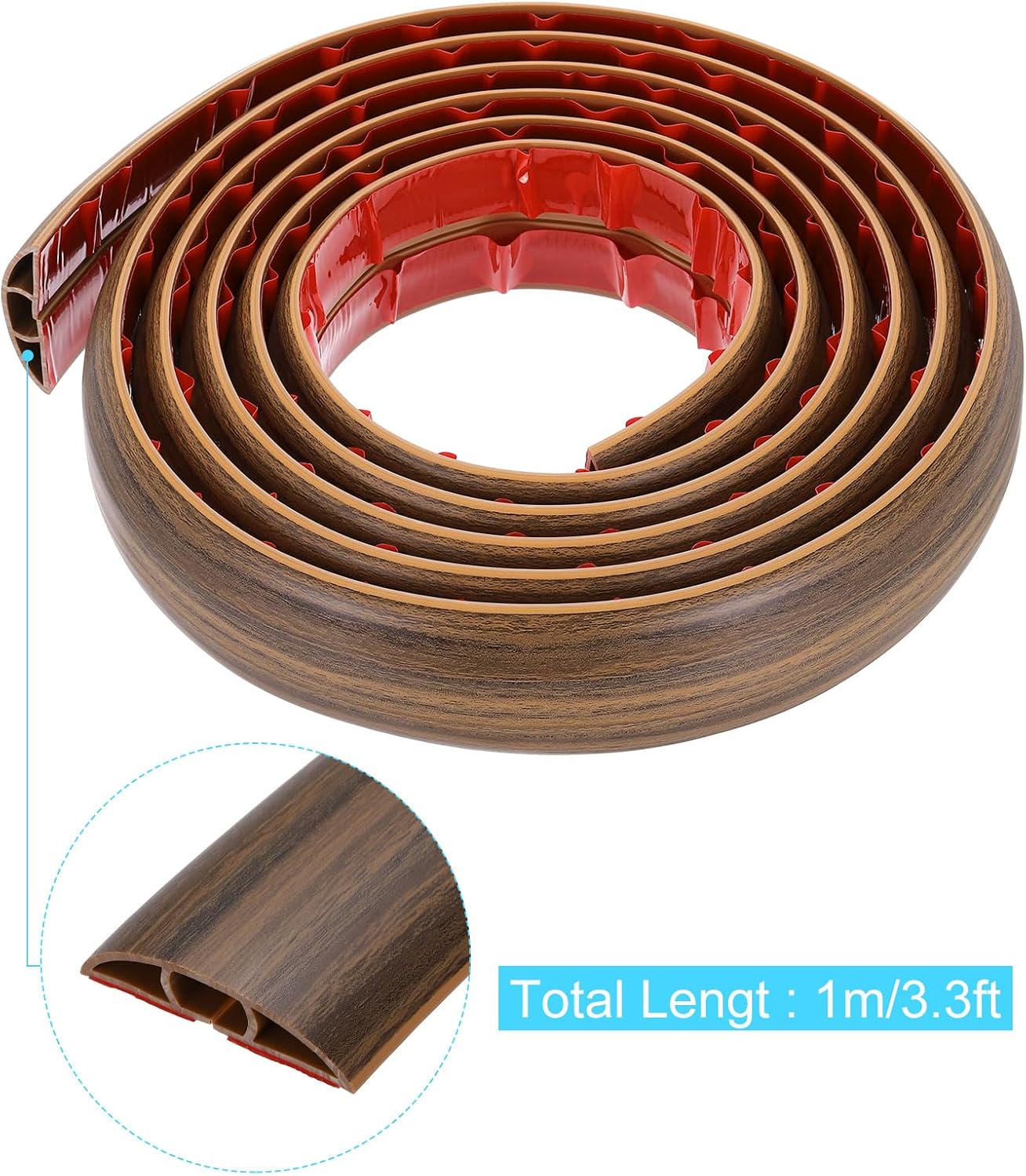 MECCANIXITY 10ft Floor Cord Cover, Self Adhesive Cord Hider 0.47" W x 0.3" H for Cable Management Cable Protector, Brown