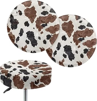 Cow Printed Round Bar Stool Cover Set of 2, Cozy Seat Protector Removable Stretchable Stool Covers for Chair Soft Washable Bar Stool Seat Covers Stool Cushion Slipcover, Brown