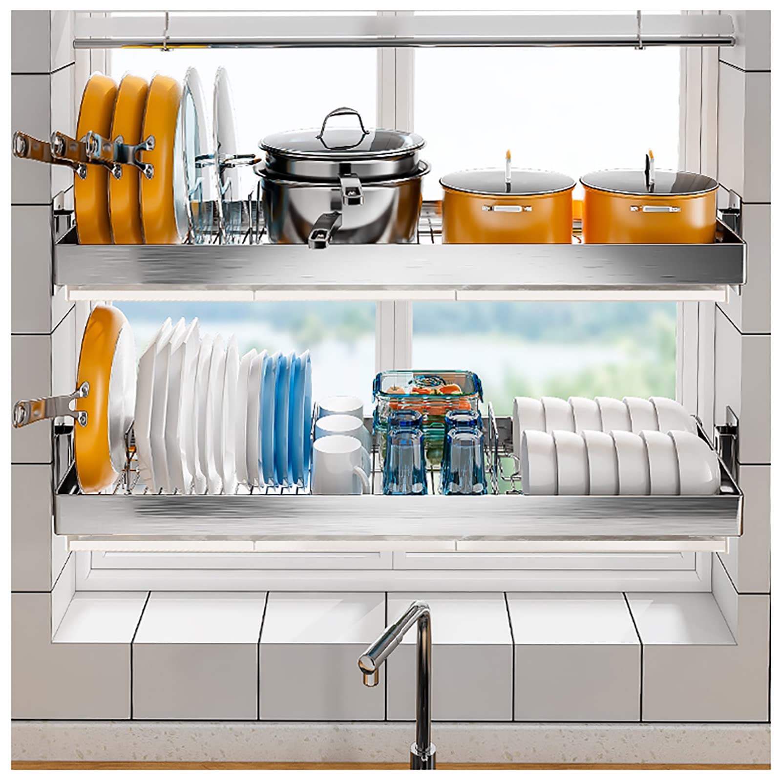 SaryEdge Dish Drying Rack Over The Sink Dish Drying Rack,2 Tier Stainless Steel Dish Rack Drainer,Kitchen Counter Supplies Storage,For Plates Bowls Pots,Silvera-85cm,Silvera-85cm