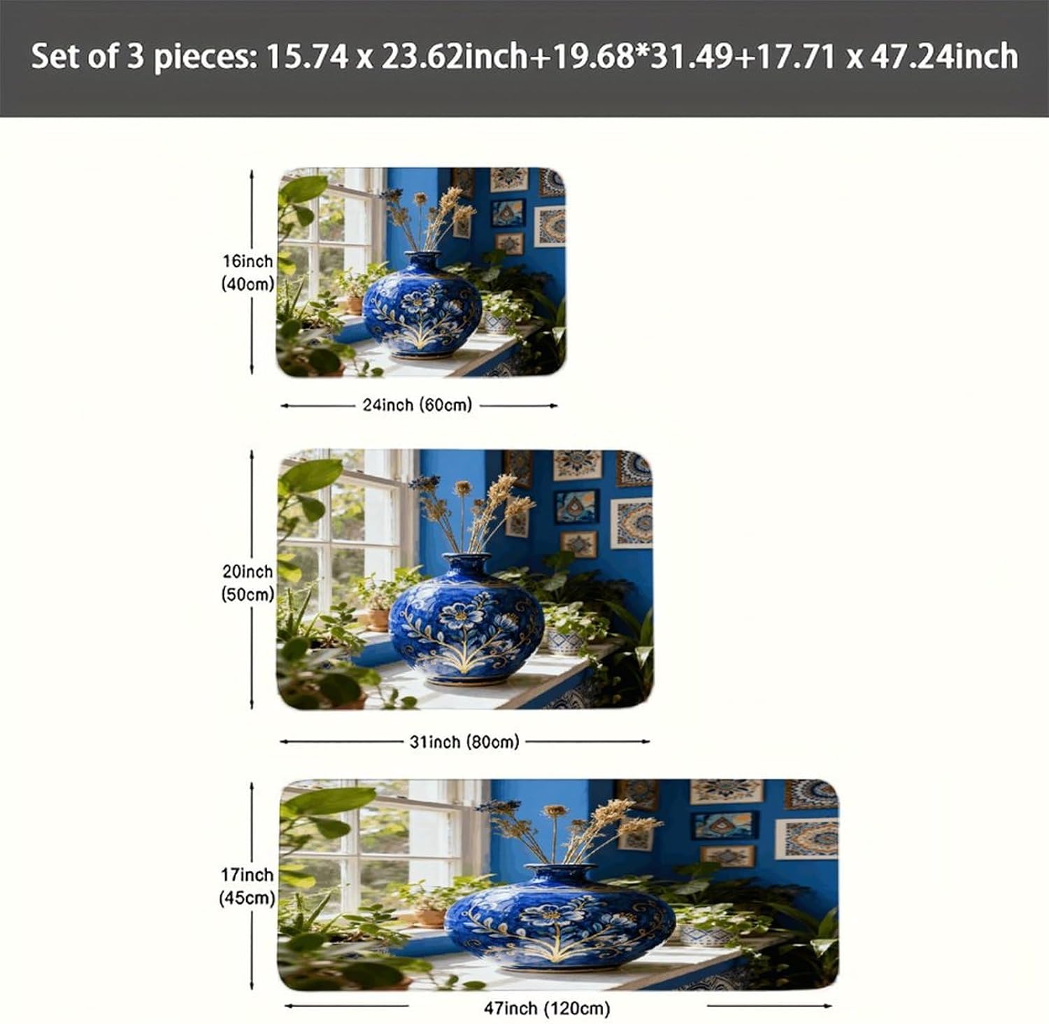 Bohemia Blue Kitchen Rugs Sets of 3 Non Slip Kitchen Mat for Floor Comfort Standing Rug and Mats Thick Cushioned Long Area Carpets for Laundry Room Entryway