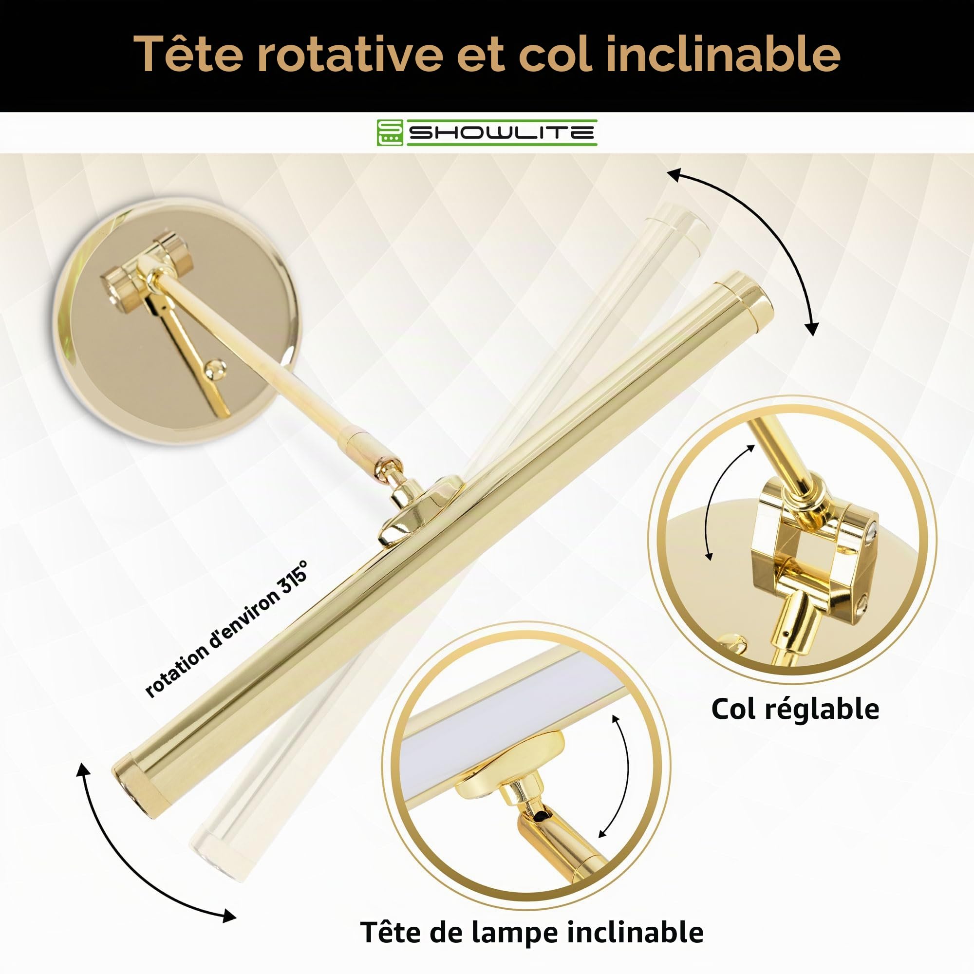 Showlite PL-1-GD-WW Lampe LED pour Piano - Lampe de Piano avec 15 LEDs - lumière blanc chaud en 2 niveaux - hauteur 36 cm - alimentation par USB, secteur ou piles - or brillant