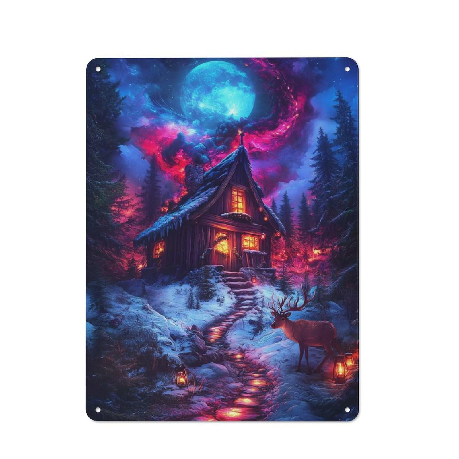 Junmoney Winter Cabin Under A Cosmic Sky Retro Decorative Metal Plaque 40X30cm, Garage Wall Decor For Garage, Workshop, Shed Or Utility Room