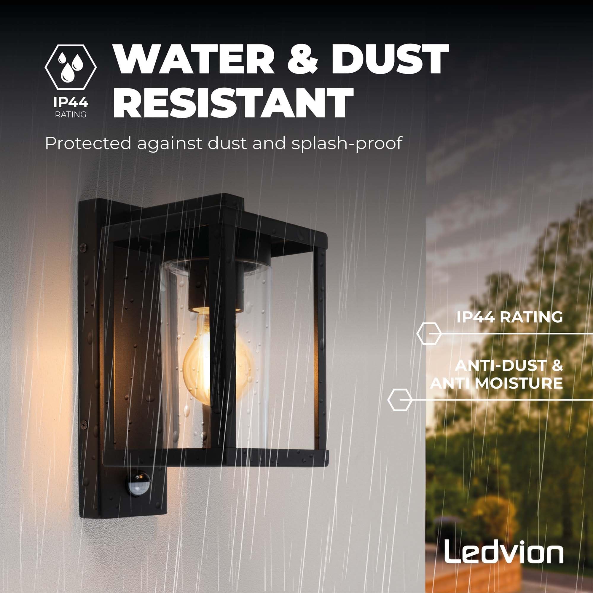 Ledvion - Lámpara de Pared LED con Sensor, Casquillo E27, IP44, Negra y Cuadrada, Lámpara Exterior, Iluminación Exterior