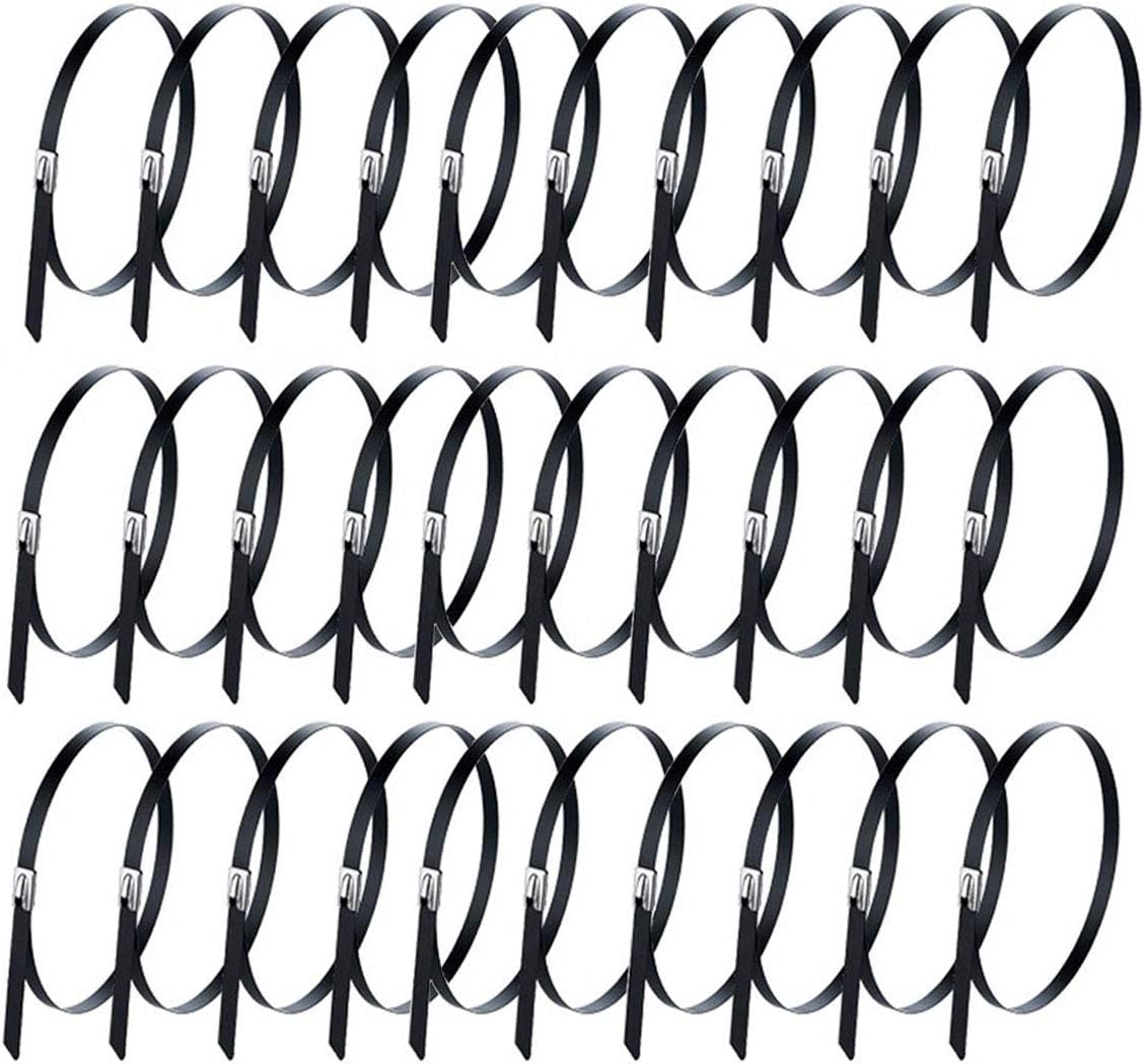 OBTANIM 30 Pcs Metal Zip Ties, Heavy Duty Multi-Purpose 304 Stainless Steel Exhaust Wrap Strap Coated Self Locking Cable Zip Ties (7.9 Inch)