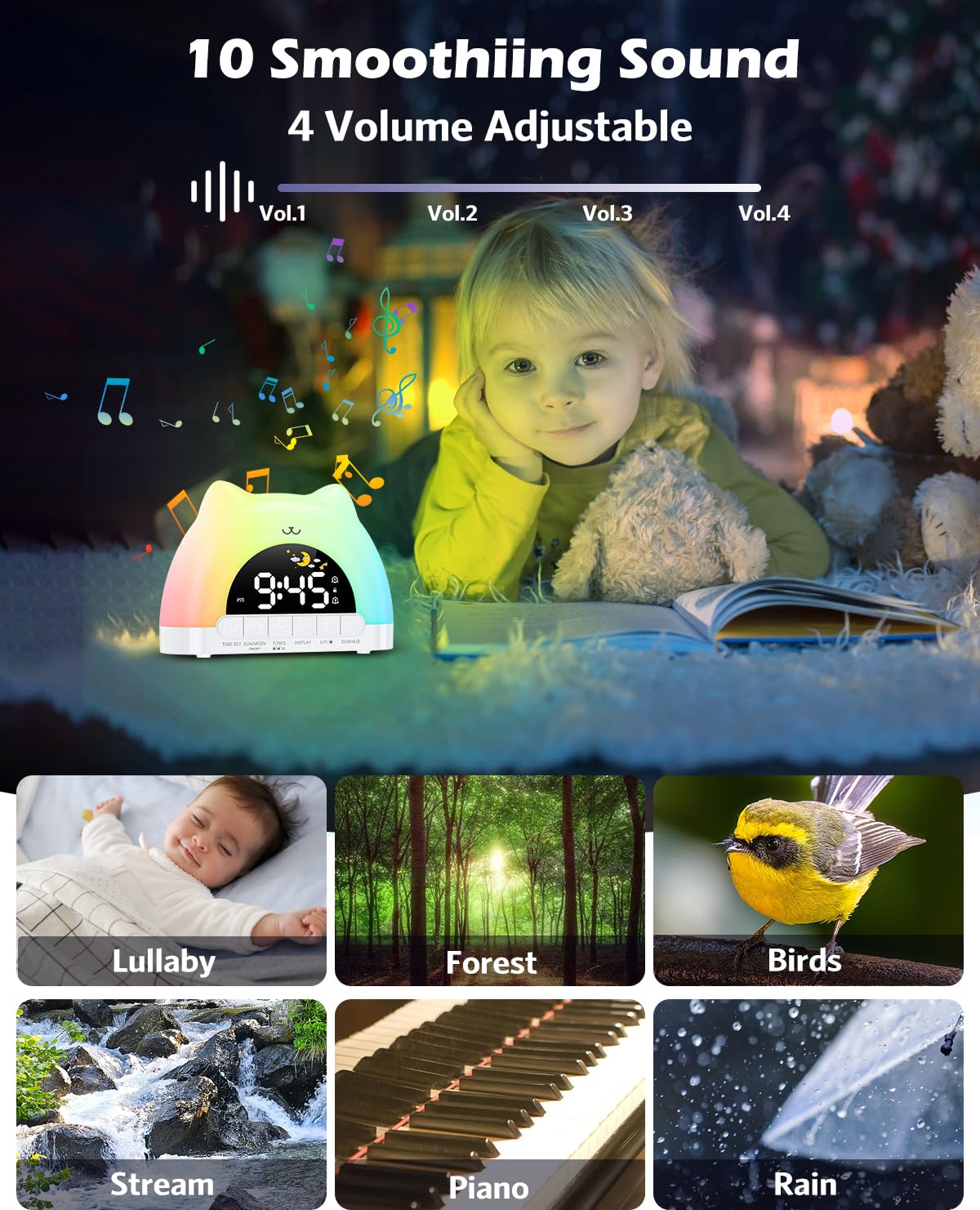 Reveil Enfant Educatif Jour Nuit, Reveil Lumineux avec Veilleuse 11 Couleurs RGB, Snooze, 2 Alarme, Réveil Numérique pour Enfants avec Lune et Soleil, Entraîneur de Sommeil Fille Garçon