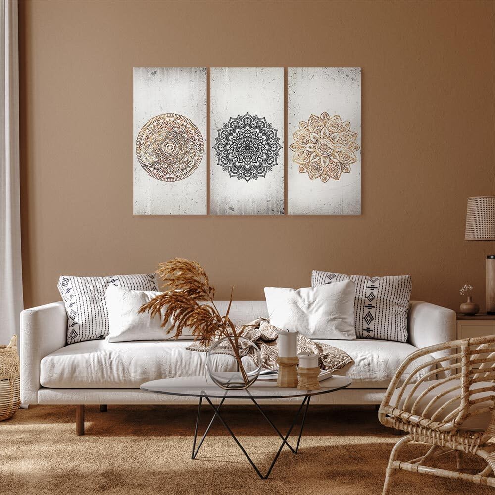 Tableau Mandala 5 Pièces Sur Toile - Décoration Murale 150x60 Cm - Style Ethnique Zen Beige Marron