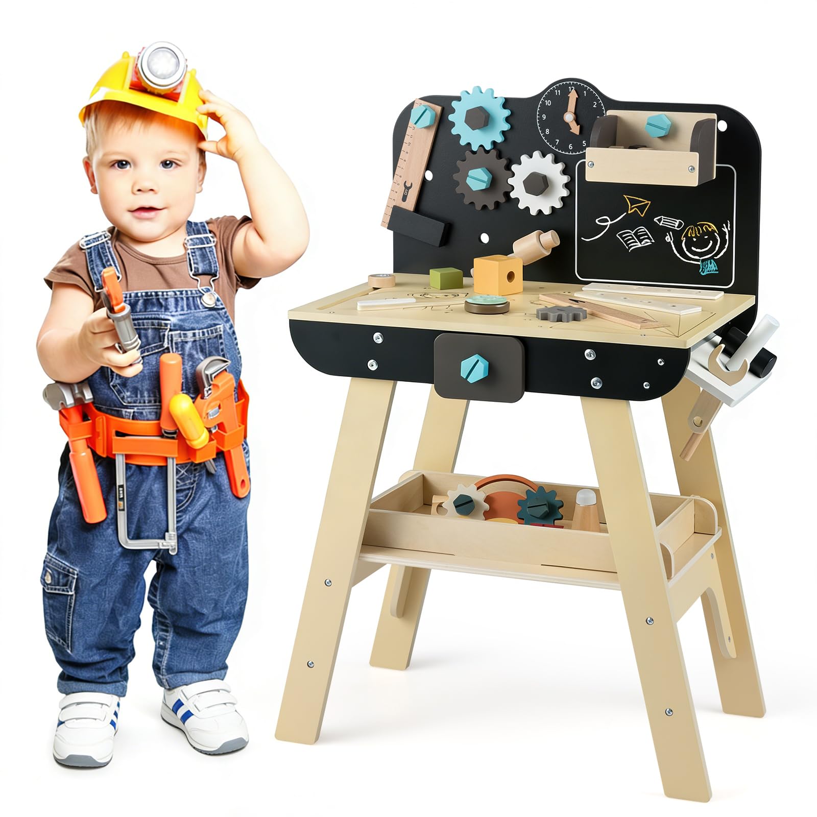 COSTWAY Banco da Lavoro in Legno per Bambini, Set Attrezzi Giocattolo con Martello, Cesello, Chiave Inglese, Ripiani e Ganci per Archivio, Tavolo da Lavoro Giocattolo Officina 3+ Anni