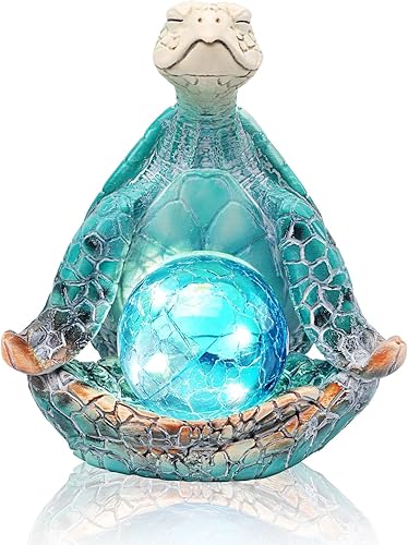 Estatuas solares de decoración de jardín de 6.3 pulgadas, figuras de tortuga marina de resina con bola de vidrio con postura de yoga, decoración de