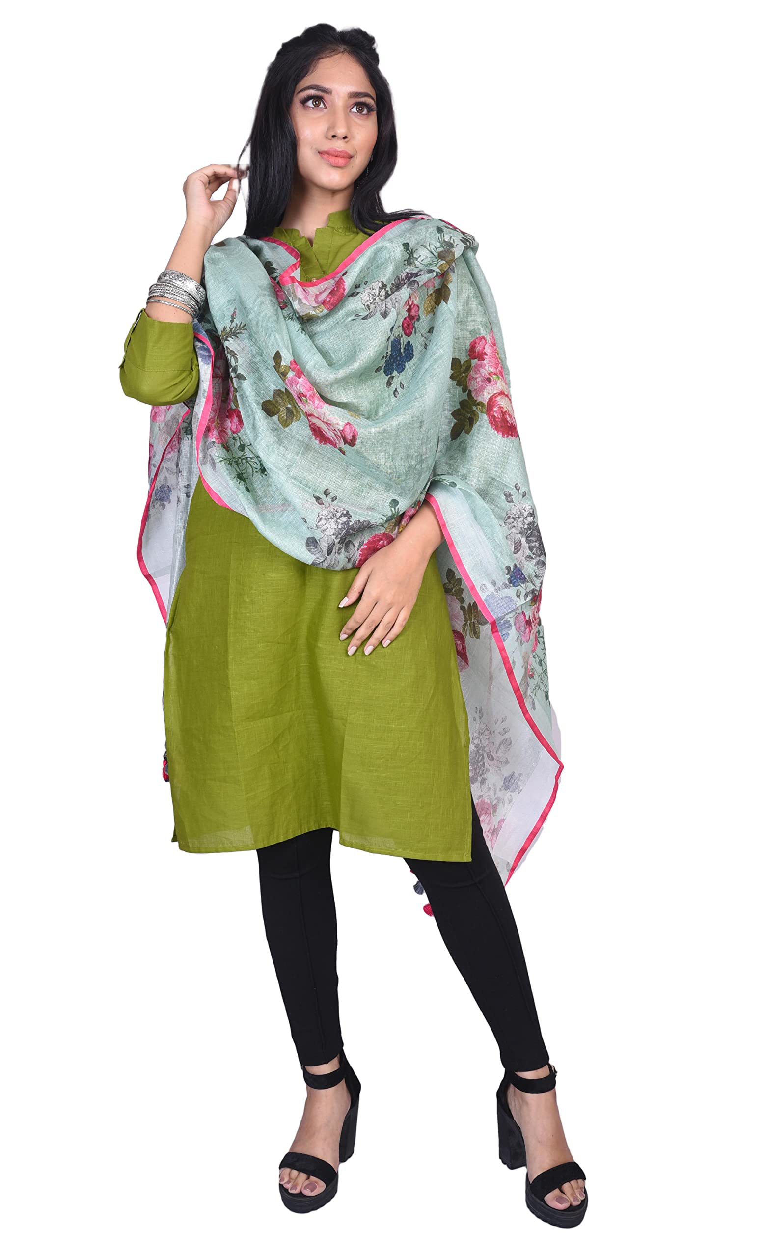 GMH Pure Linen Digital Print multi color Dupatta with Tassel