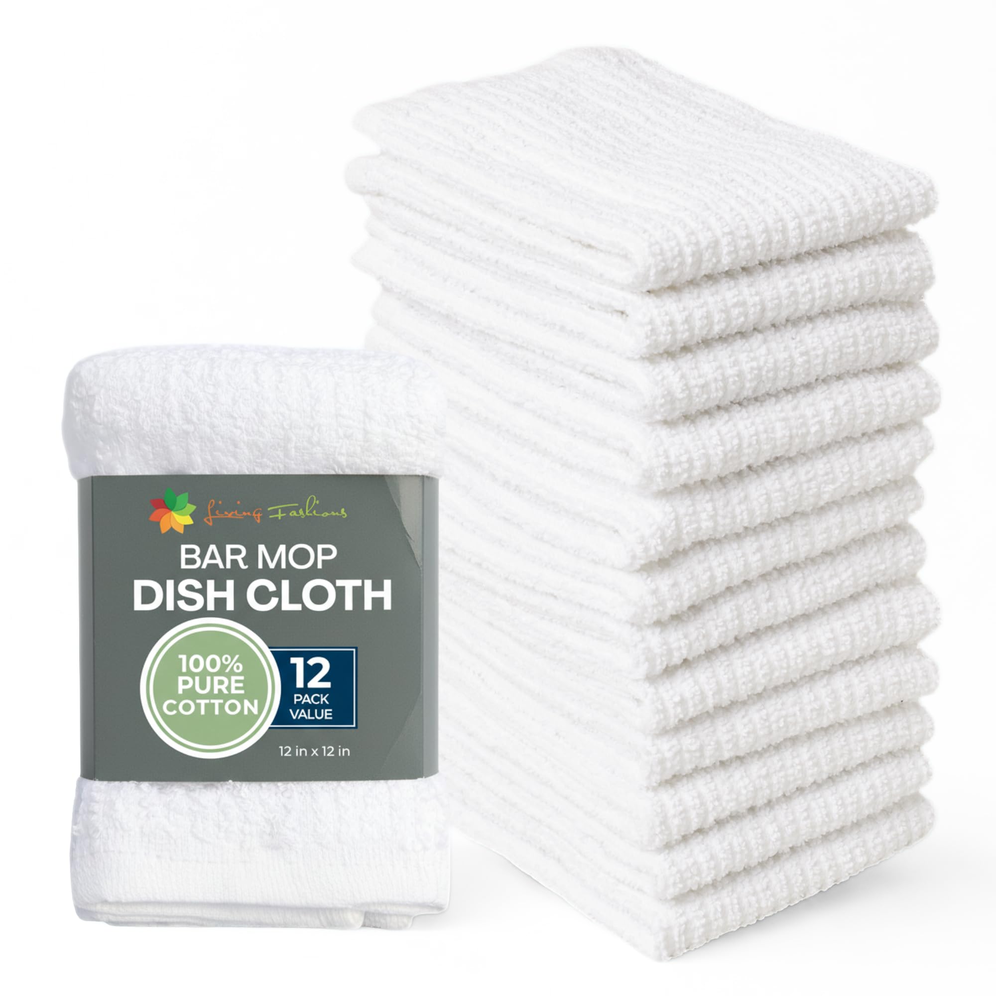Living Fashions Bar Mop Cleaning Kitchen Dish Cloth Towels,100% Cotton, Machine Washable, Everyday Kitchen Basic Utility Bar Mop Dishcloth Set of 12, White