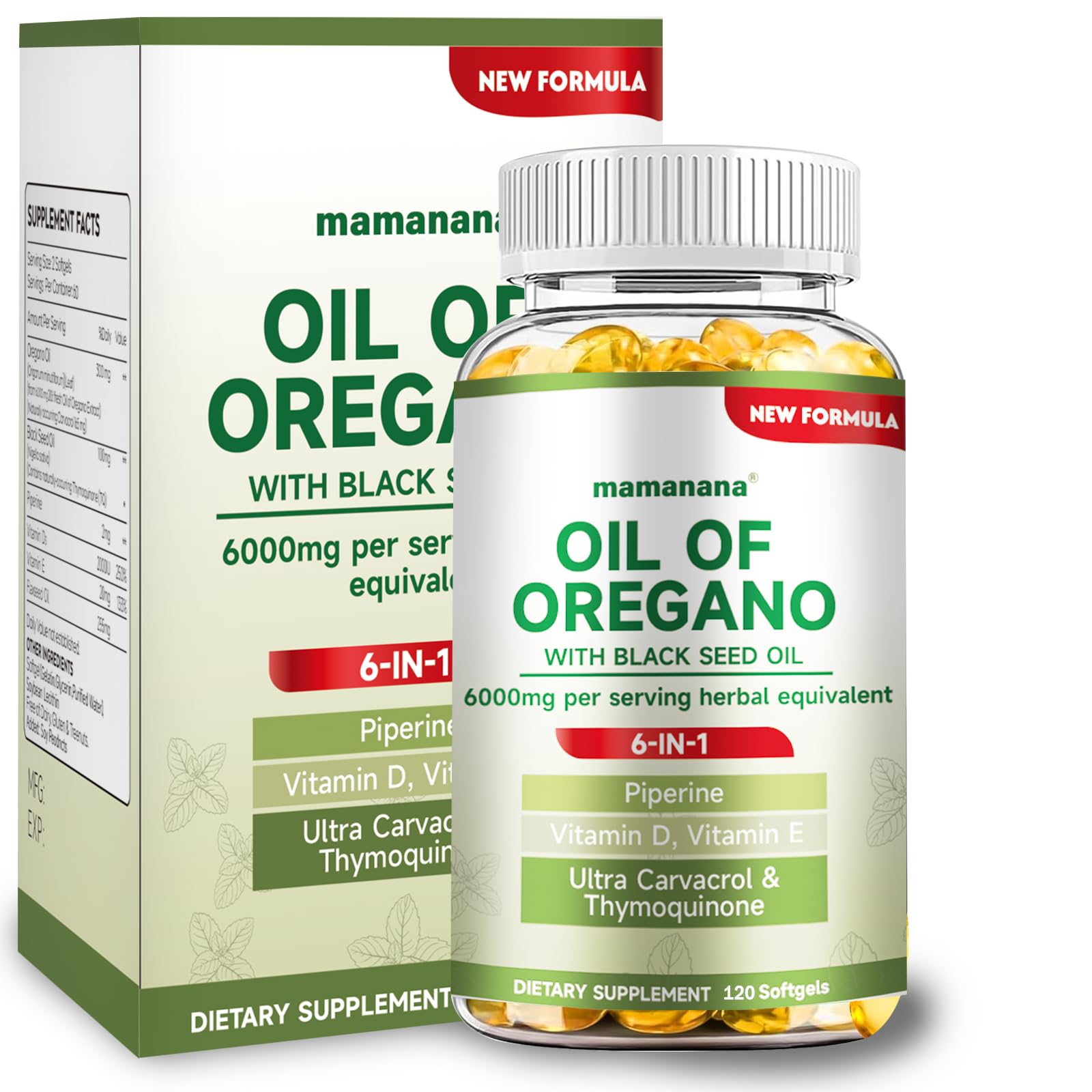 mamanana Suplemento de Orégano com Óleo de Semente Preta, 6 em 1, 6000 mg, 60 cápsulas