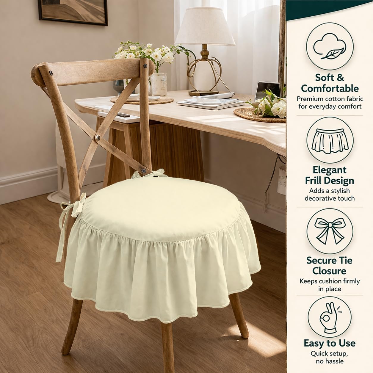 KRISHNA Ruffled Chair Cushion Covers Set of 4, 100% Egyptian Cotton Dining Chair Cushion Slipcovers 17.5 x 17.5 x 2.5 Inch, Square Chair Pad Covers with Ties, Farmhouse Decorative Chair Covers, Ivory