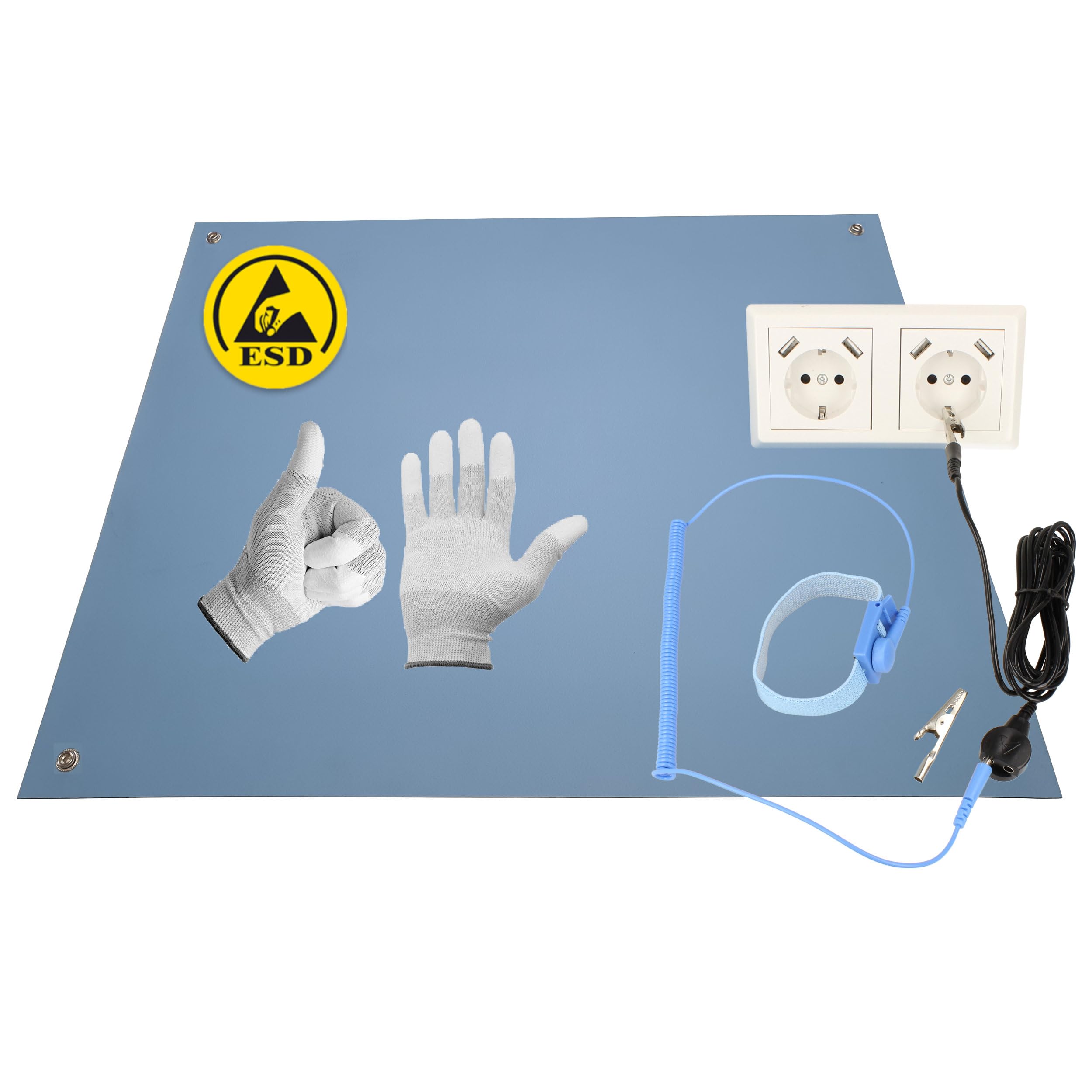 Esterilla antiestática para ordenador ESD, 120 x 30 cm, incluye manguito + extensión de 2,4 m + guantes ESD GR-L