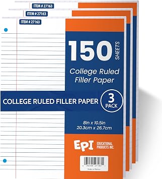 EPI Filler Paper | College Ruled | Loose Leaf, 3-Hole Punched, 10.5 x 8 in, 150 Sheets | School, Office, Notes, Binder Refill - 3 Pack