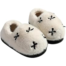Womens Fuzzy Slip-on Bow Slippers Warm Cozy Soft Lightweight Thick Sole Indoor House Shoes