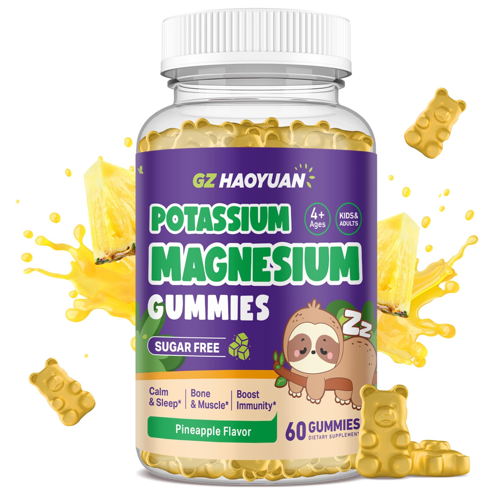 Kids Magnesium Gummies - Magnesium Glycinate Gummies with Vitamin D3, B6, Potassium & Ashwagandha for Kids & Adults Relaxation, Sleep, Brain & Bone Health -Sugar Free Pineapple Flavor 60 ct Pineapple 60 Count (Pack of 1)