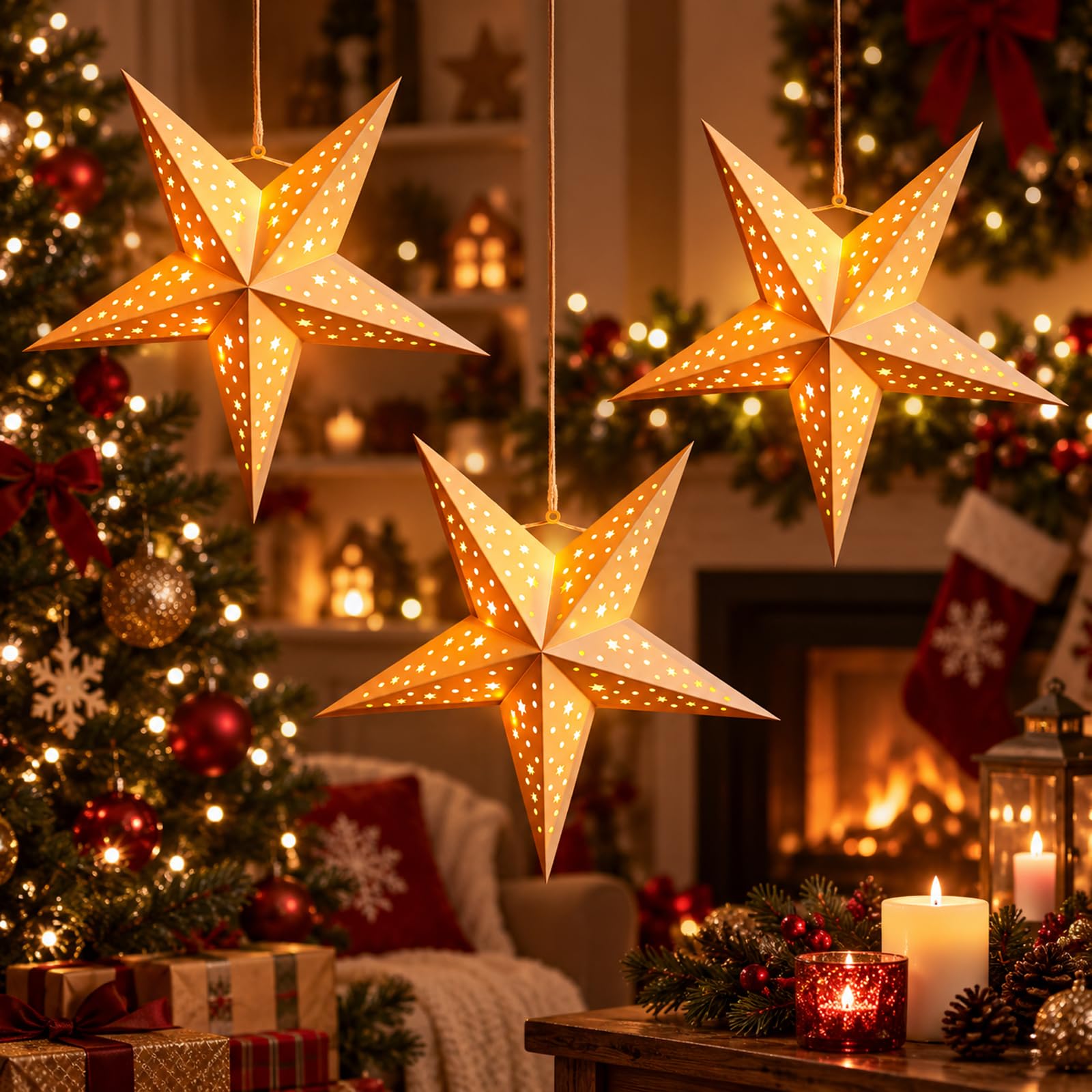 Paper Star Lantern, 12 Inch Hanging Star Decorations with String Lights