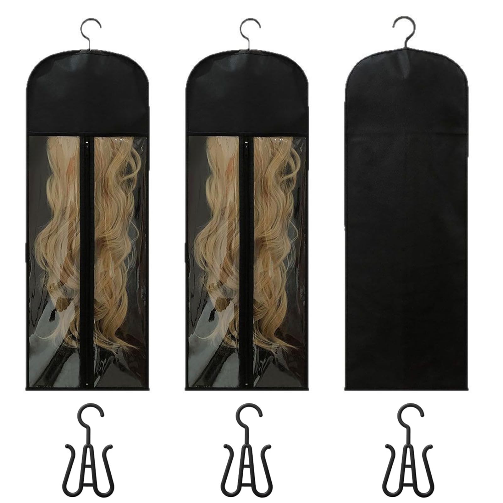 3PCS Wig Storage Bags with Hanger, Hair Extension Holder Bag, Dustproof Portable Hair Extension Storage