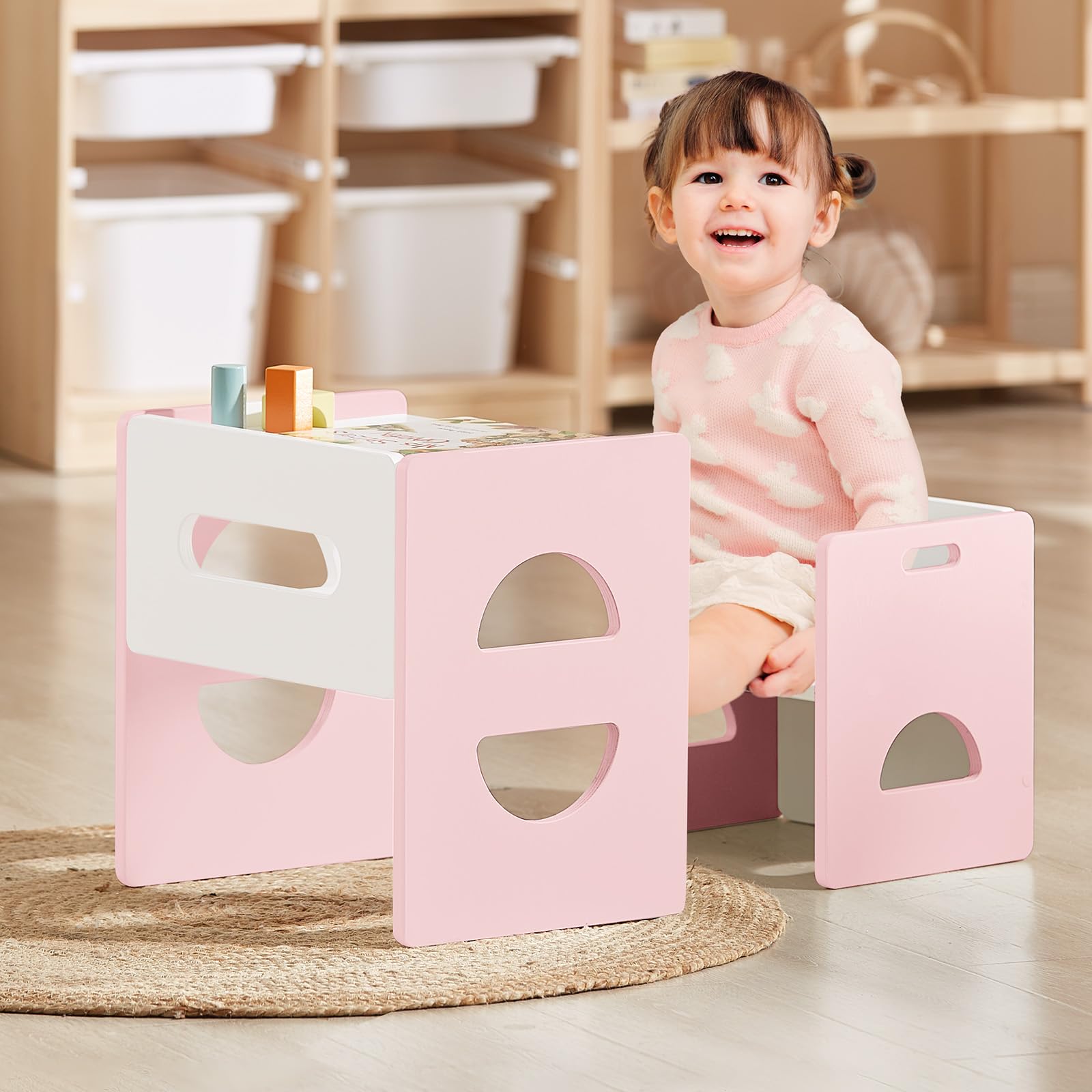 FUNLIO Höhenverstellbarer Montessori Tisch und Stuhl Set für Alter 1-3, Massivholz Kleinkind, Entwöhnung Baby Tisch Stuhl Set für Essen/Spielen/Lesen, einfach zu montieren - Rosa