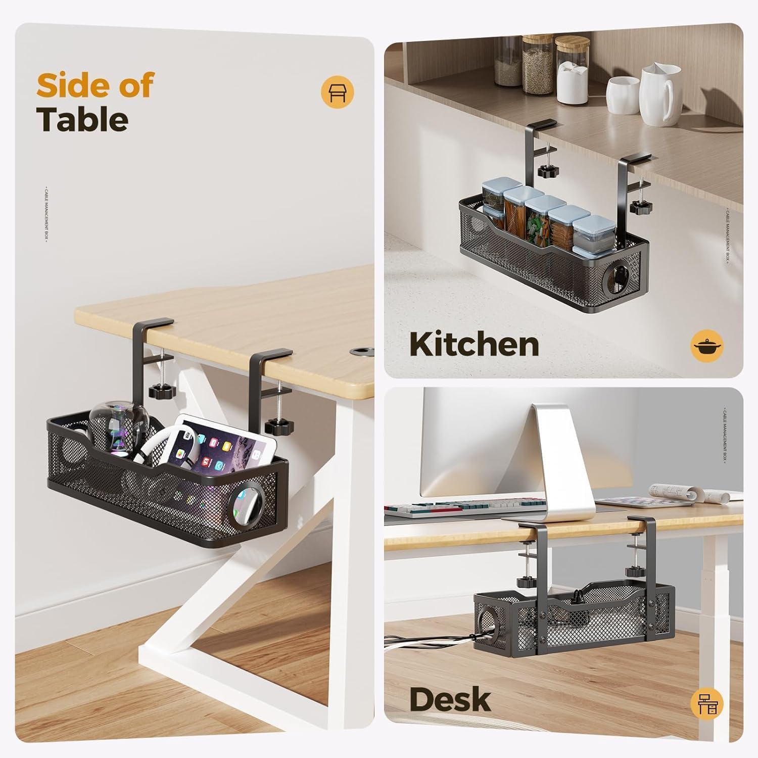 Under Desk Cable Management Tray, Heavy Duty Steel Wire Cord Organizer 13.4 Ich for Computer Desk, No Drill Adhesive or Screw Mount Options, Power Strip Holder for Home | Office | Shop (Black)