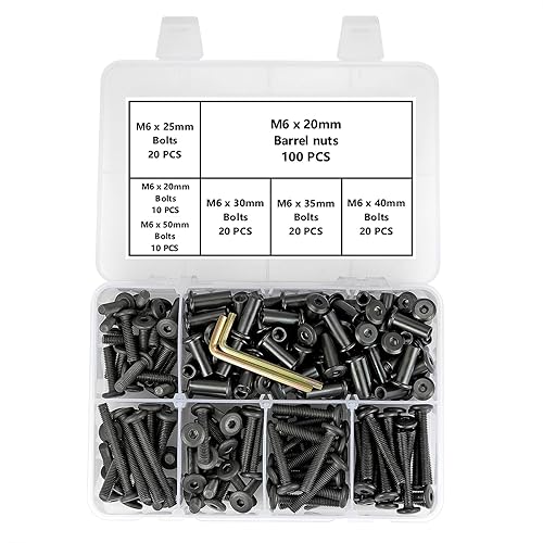 Miniatura 9 de Juego de 100 tornillos de acero al carbono negro M6 para poste de fijación, tornillos hexagonales, tuercas de barril, kit surtido de 2 llaves Allen,