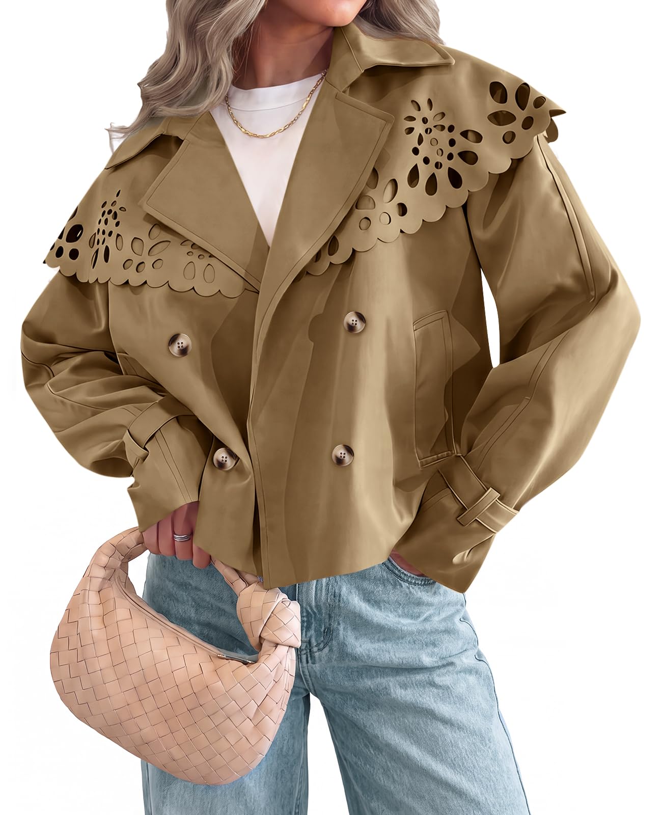 Tankaneo Cropped-Trenchcoat für Damen, übergroßer Umhang, hohle Schulterjacken