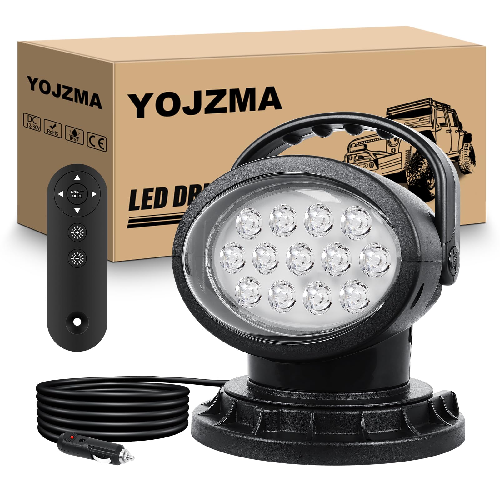 Linterna de Búsqueda LED 50W con Control Remoto, Luz de Trabajo Giratoria 360° con Modo Estroboscópico, Fuertes Imanes Incorporados, Brillo Ajustable, Spot 12V 24V para Camiones, Barcos, Caza