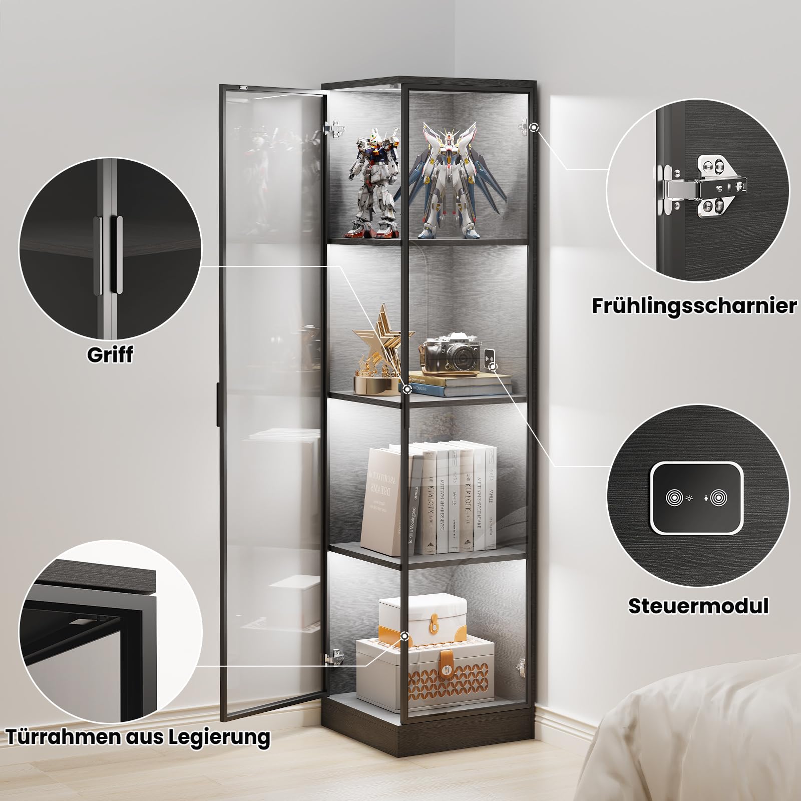 BROTTAR Vitrine mit LED Beleuchtung, Acryl Vitrine mit Menschlicher Sensor, Regal mit türen für Sammlervitrine Und Wohnzimmer Schlafzimmer, Eckschrank Schwarz