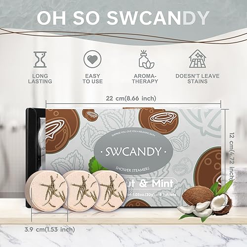 Miniatura 6 de SWCANDY - Vaporizadores de ducha de aromaterapia, regalos de cumpleaños para mujeres, esenciales de viaje, 8 piezas de menta de coco, bombas de baño