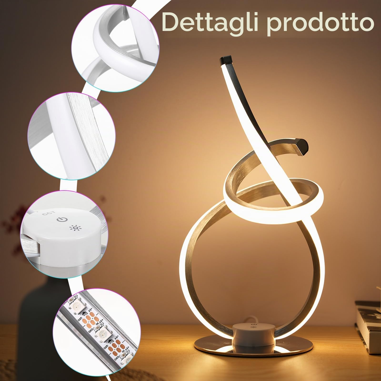 Neoglint Abat Jour da Comodino Moderne Dimmerabile, Spirale Lampade Comodino Camera da Letto 12W, Touch Control, Decorativo Curvo Lampade da Tavolo LED per Camera da Letto Soggiorno