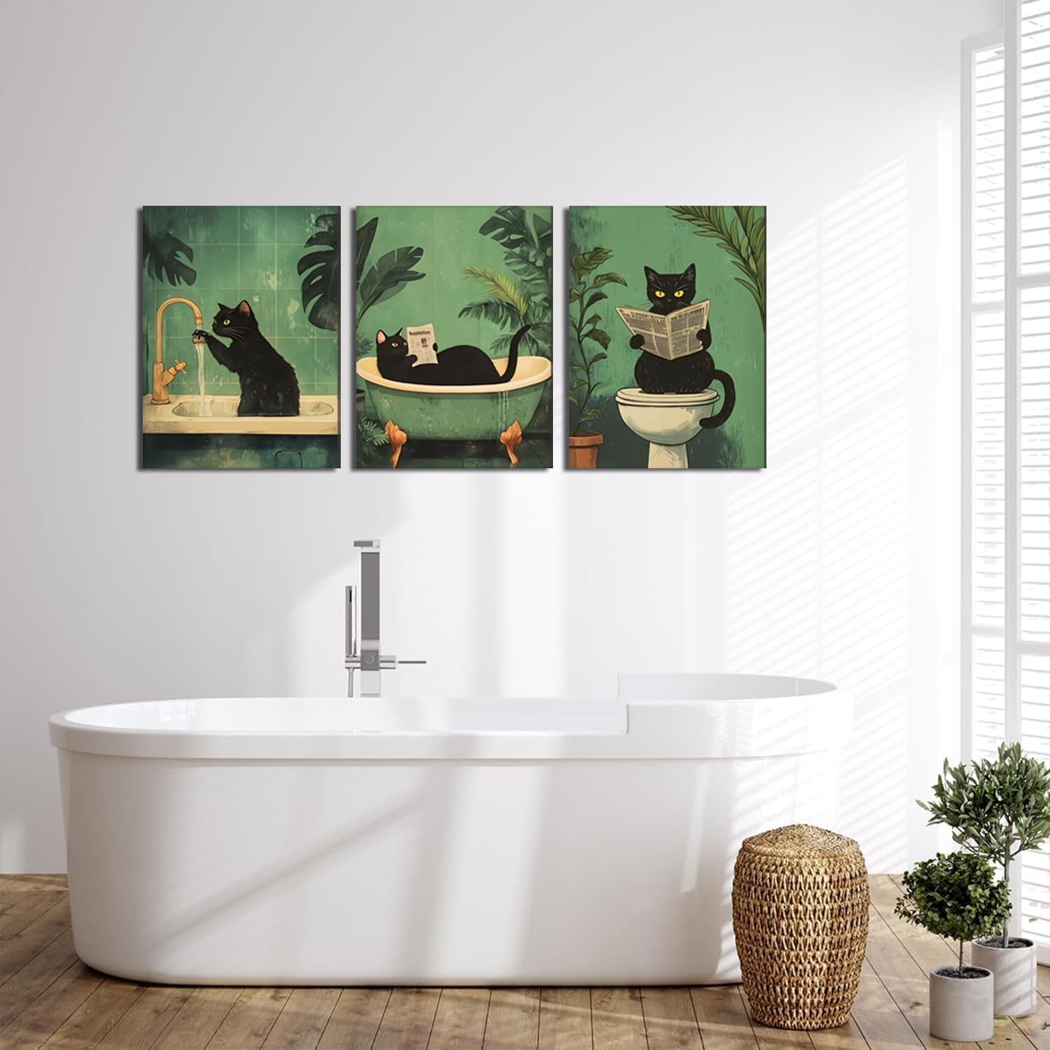 DAMAIART Divertente set di 3 quadri da parete per bagno con gatti neri, stampe su tela con animali stravaganti per decorare le pareti del bagno (50x70cmx3/senza cornice)
