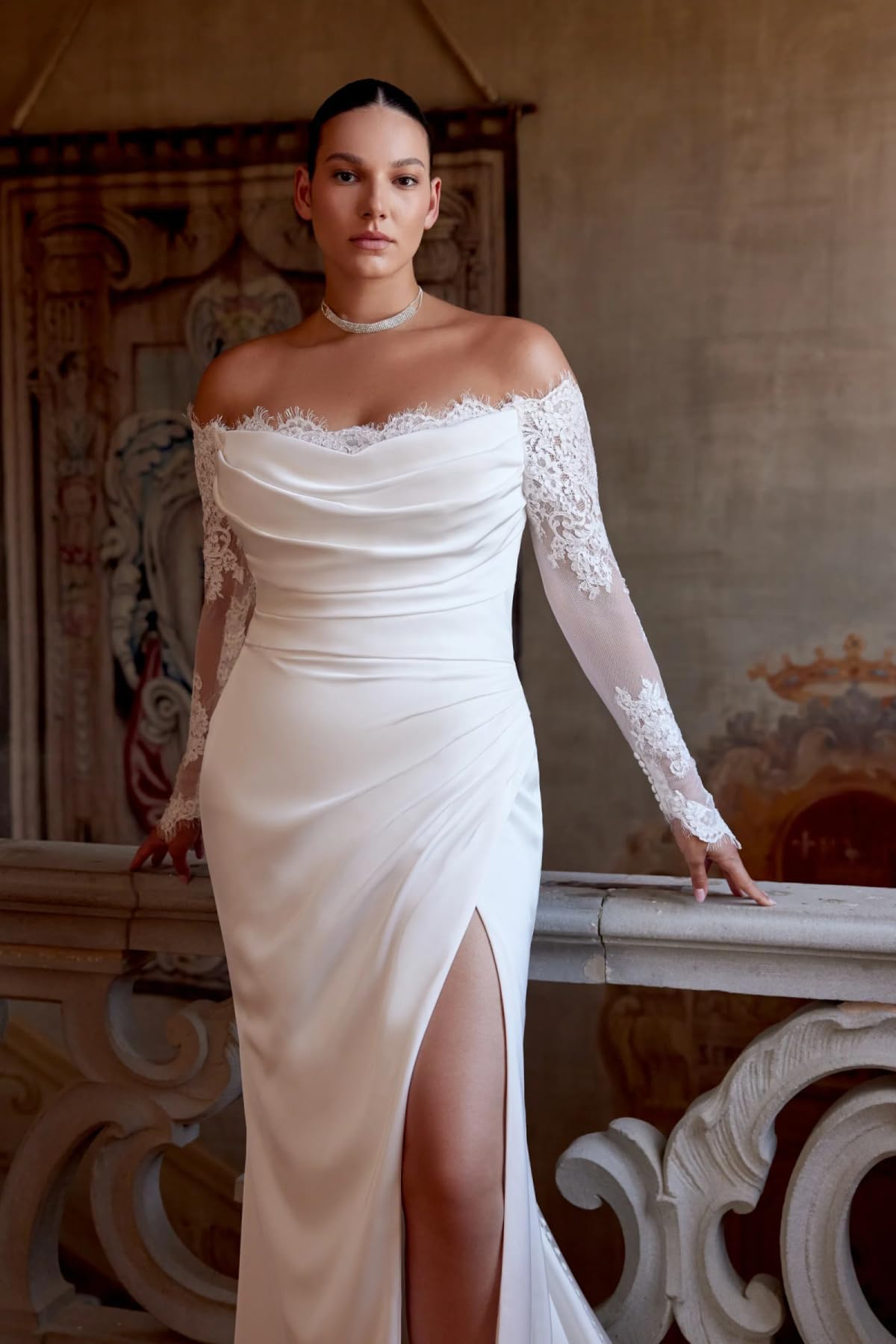 HUINI Spitzen Satin Brautkleid mit Schleppe Off-Shoulder Lange Ärmel Meerjungfrau Hochzeitskleid für Damen