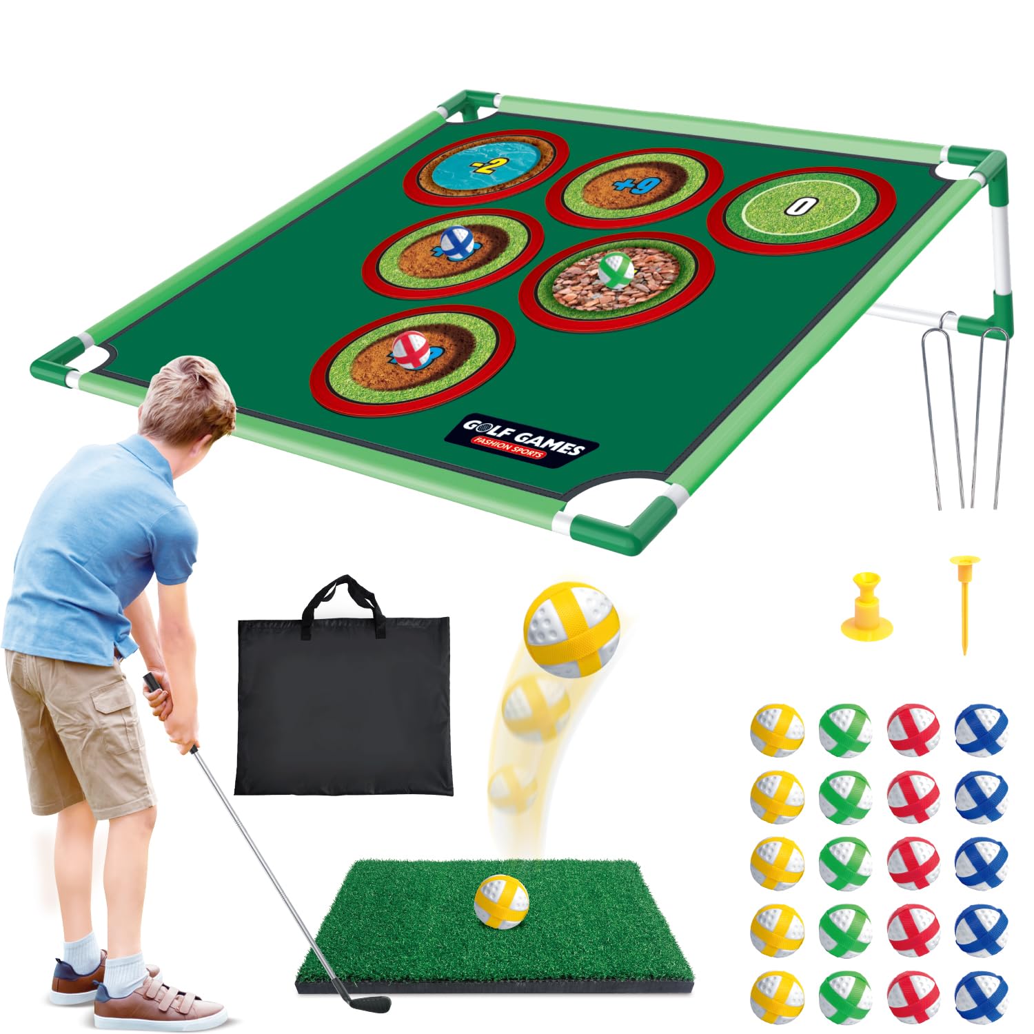 Mostop Juego de golf – Juego de juego de golf – Juego de cornhole para patio trasero, incluye alfombrilla de putting Mat, 20 bolas adhesivas, 6 orificios cubiertas, bolsa de transporte, juegos de golf