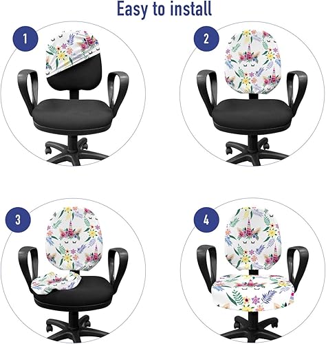 Miniatura 4 de Lunarable Funda floral para silla de oficina, pestañas de unicornio en flores con orejas encantadoras ramas de hojas Happy Fantasy, funda protectora
