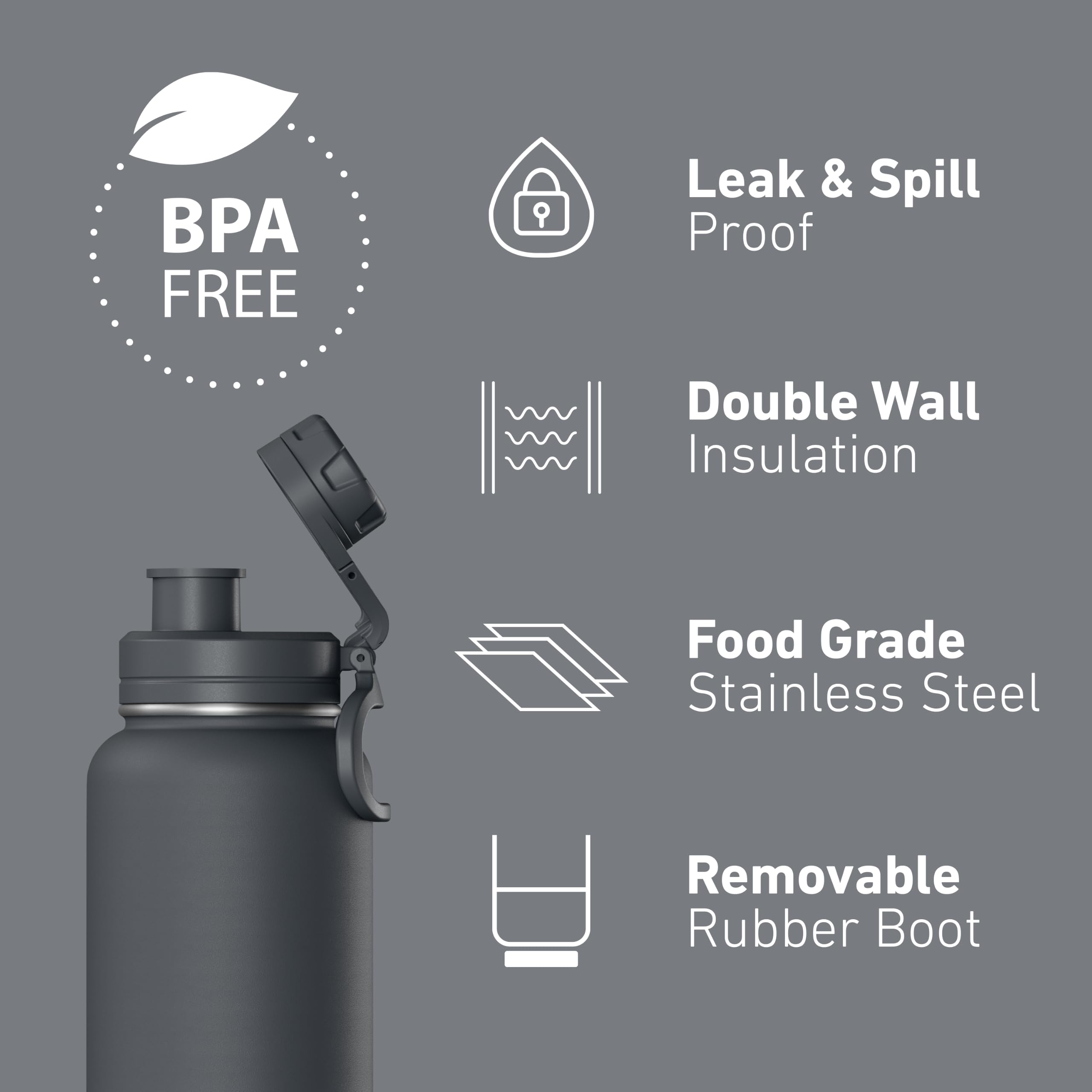Hydrapeak Isolierte Sport-Trinkflasche mit Strohhalm und Trinkdeckel, auslaufsicher, hält Getränke 24 Stunden kalt, 12 Stunden heiß, Premium-Edelstahl-Wasserflaschen (907 ml, grau)